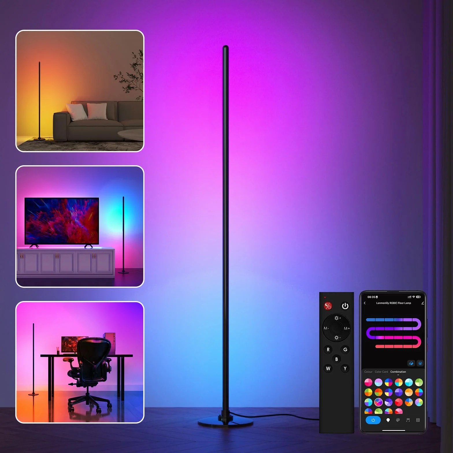Lanmonlily Lampada da Terra LED, app compatibile con Alexa e Google Assistant, musica Sincronizzazione e Timer e DIY Modalità, 16 milioni di colori Lampada da terra elegante per camera