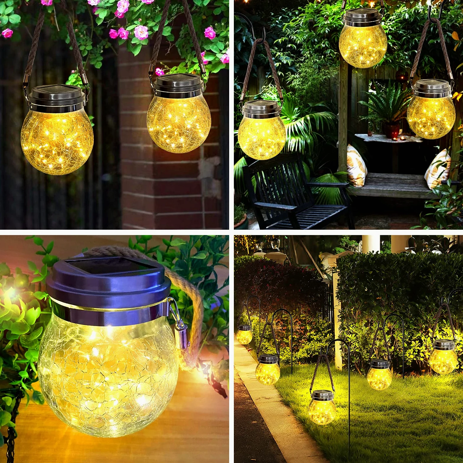XVZ Lanterne Da Esterno, 2 Pezzi IP65 Impermeabili Lampade Solari Sospese in vetro sferico per Giardini, Cortili, Alberi, Gazebo, Natale, Feste - Bianco Caldo