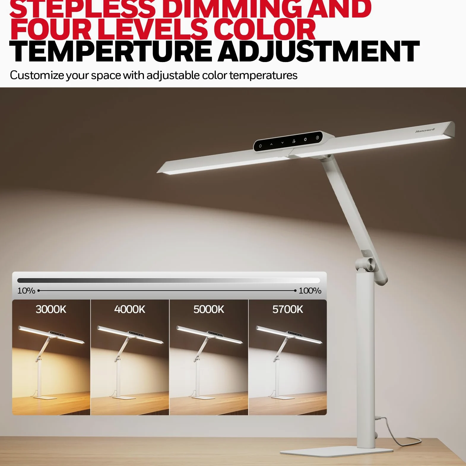 HONEYWELL HJ1BK-Base Sunturalux - Lampada da scrivania a LED da scrivania per ufficio, 1200 lm, 4 modalità di colore con timer, colore: Bianco