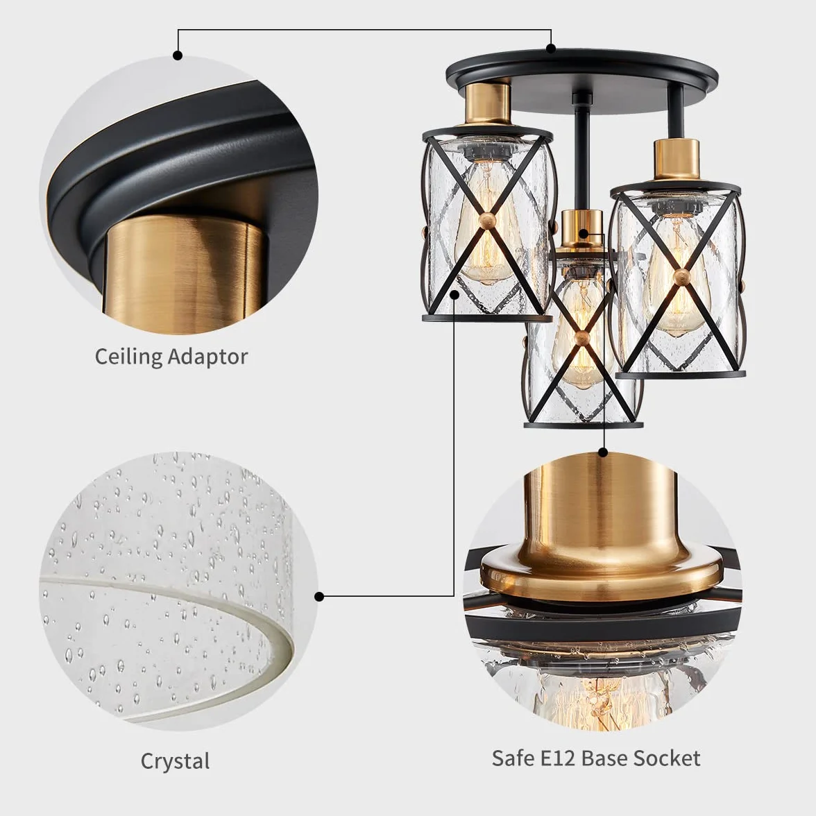 WUZUPS lampadario semi flushmount industriale a 3 luci plafoniera trasparente paralume in vetro seminato per ingresso portico foyer cucina sala da pranzo bagno, w29 h34, e27 base nera con ottone