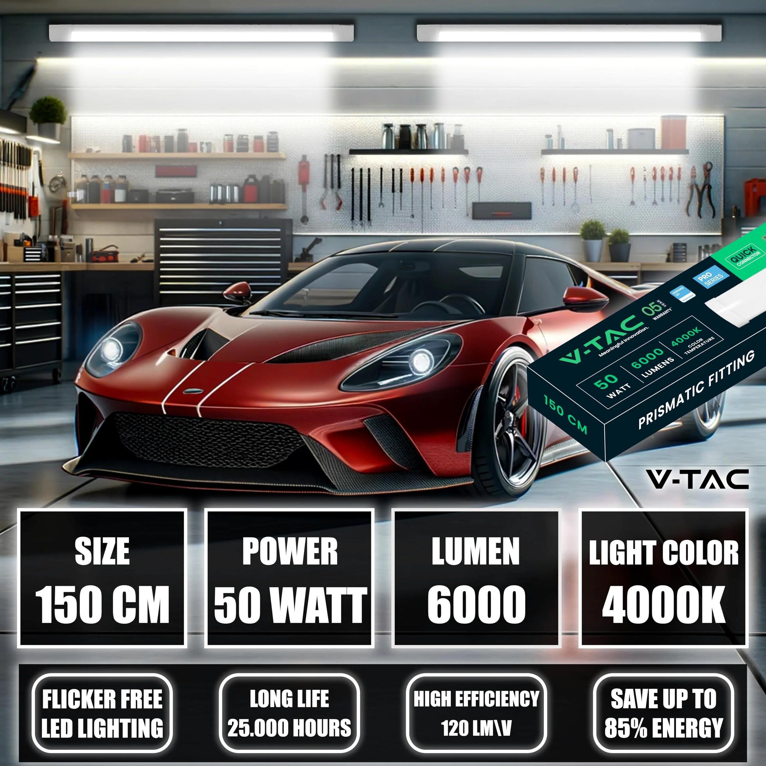 V-TAC 2x Plafoniera LED 150 CM da Soffitto o Parete - 50W - Chip Samsung - Lampada Rettangolare 6000 Lumen IP20 per Parete, Garage, Negozio,Magazzino - Plafoniere Tubo - Luce 4000K Bianca Naturale