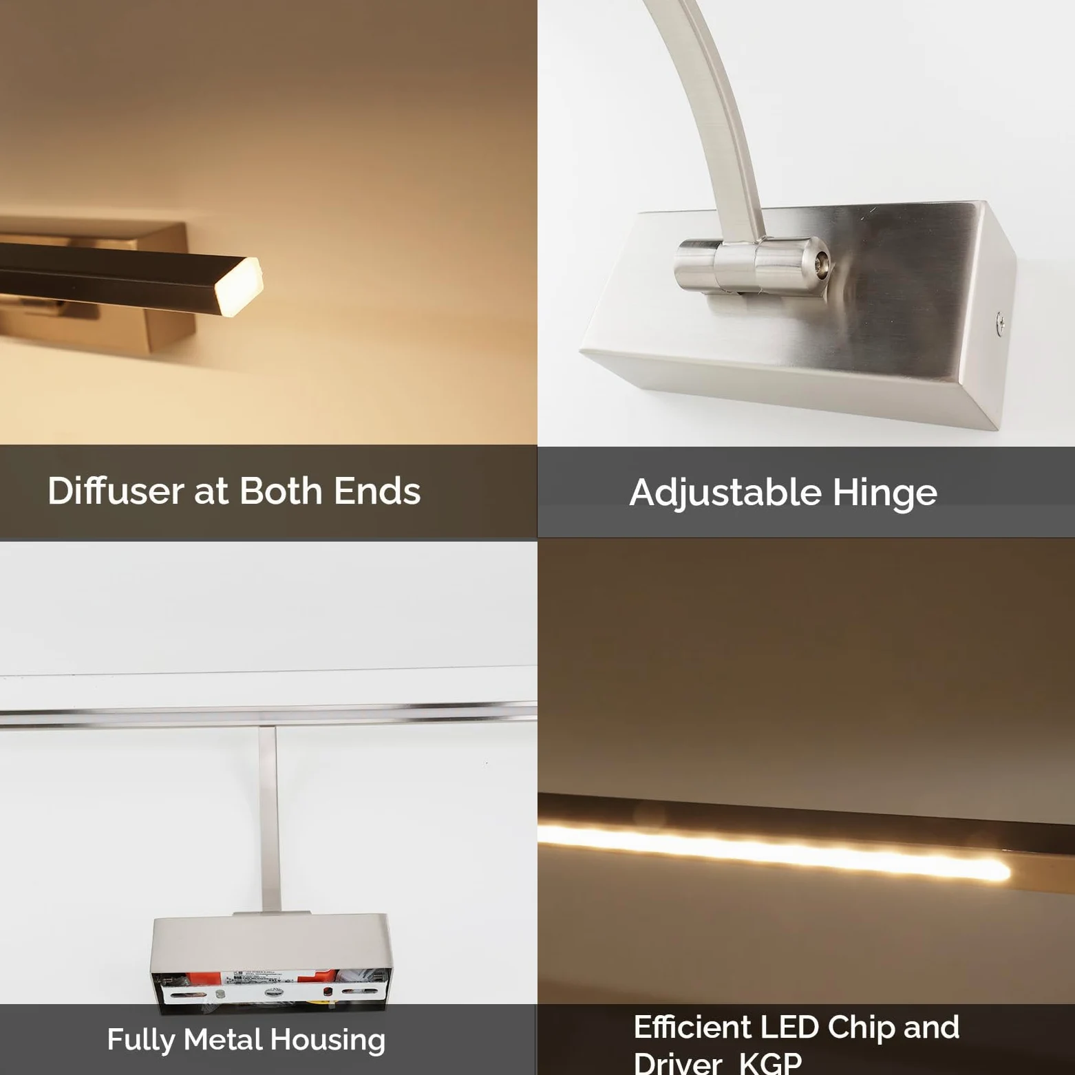 Alpinaluz Applique da parete LED per illuminazione di quadri, specchi e mobili, 8 W, 45 cm, luce calda 2700 K, angolo regolabile, acciaio con finitura nichel satinato, driver KGP integrato