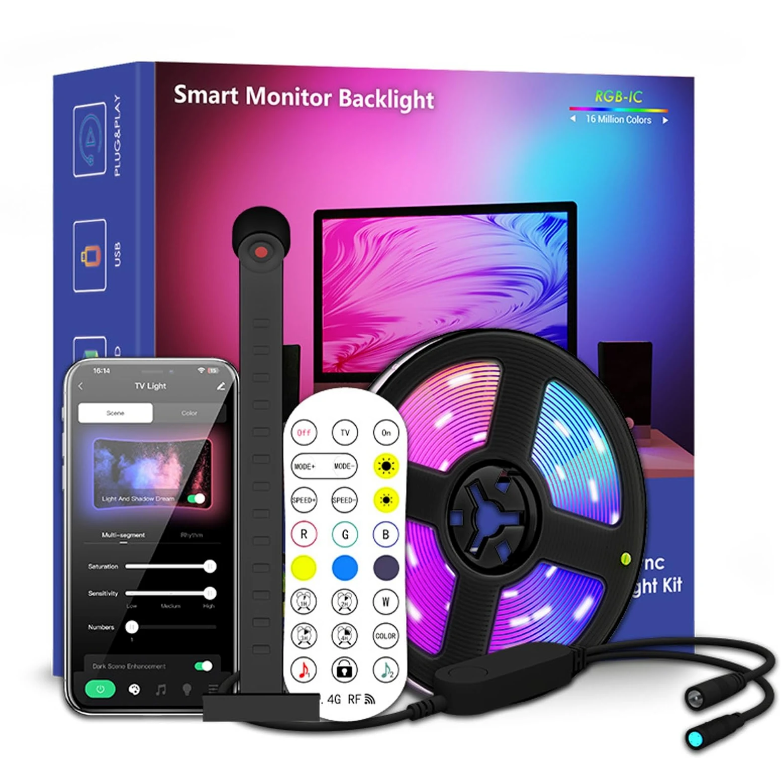 Luce LED Intelligente per TV, Retroilluminazione TV A Colori Fai da Te con Effetto RGBIC per Lo Schermo TV 4 Luci Sincronizzate con Il Ritmo Adatto per La Decorazione dello Sfondo TV
