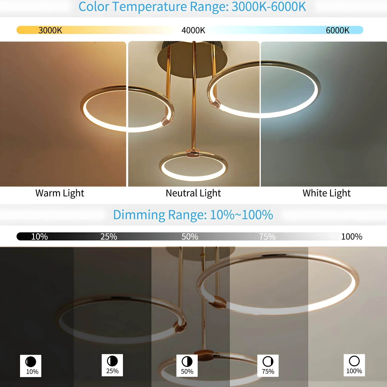 3 Anelli Rotondi Design Oro LED Plafoniera, Lampadario Ø56cm | 60W Dimmerabile Continuo, Pendente Placcato In Metallo Creativo, Lampada Moderna Per Soggiorno In Camera Letto Studio Ufficio