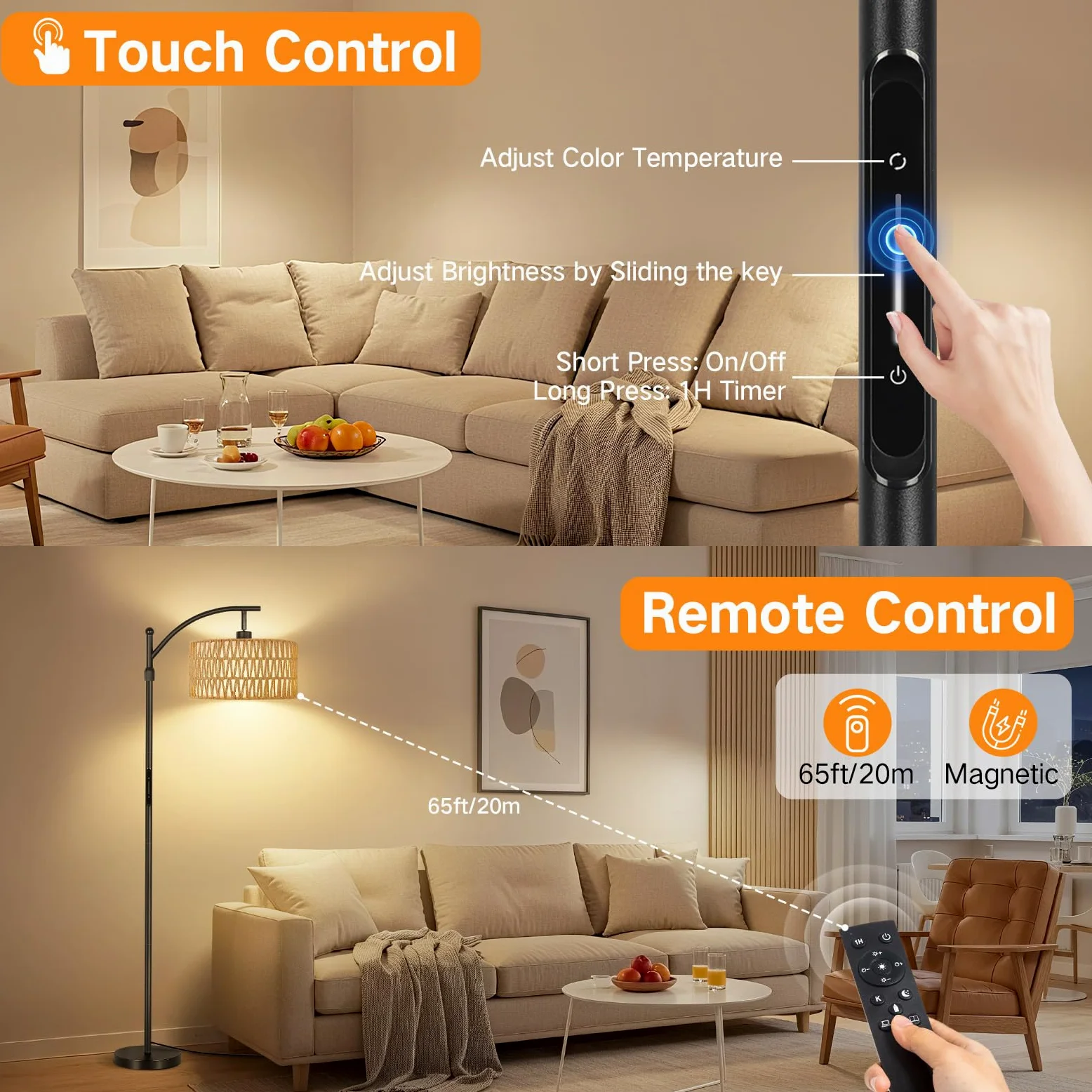 OUTON Lampada da Terra in Rattan, Lampada ad Arco Dimmerabile con App, Telecomando e Comando Touch, 4 Temperature di Colore, 2 Paralumi, Piantana LED da 12W per Soggiorno, Camera, Ufficio, Nero
