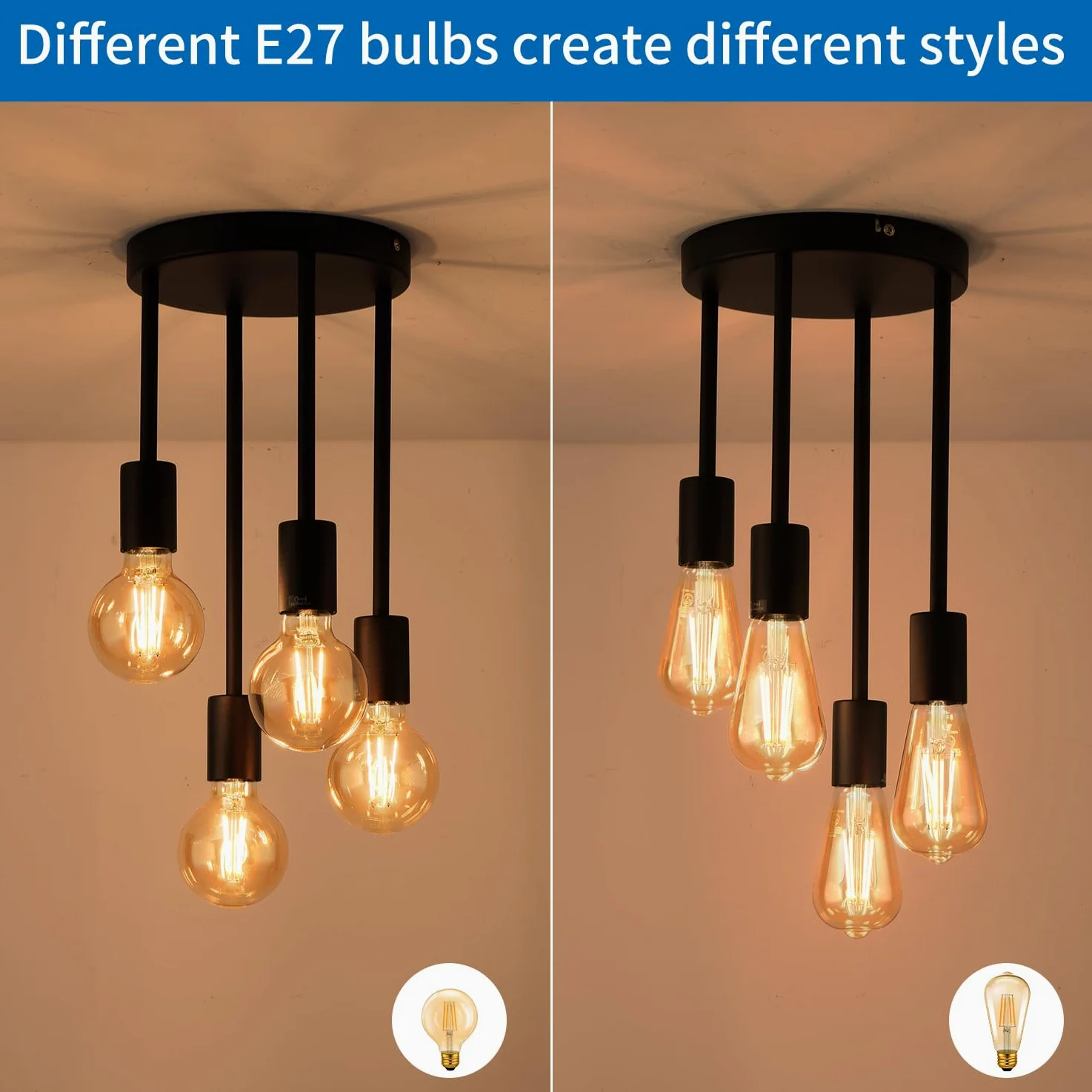 ANWIO Lampada a Sospensione, Lampadari Moderni con 4 Lampadine LED Attacco E27, Lampadari da Cucina Nero, Lampadario Sospensione per Camera da Letto,Soggiorno(Lampadine Escluse) EUC-EA