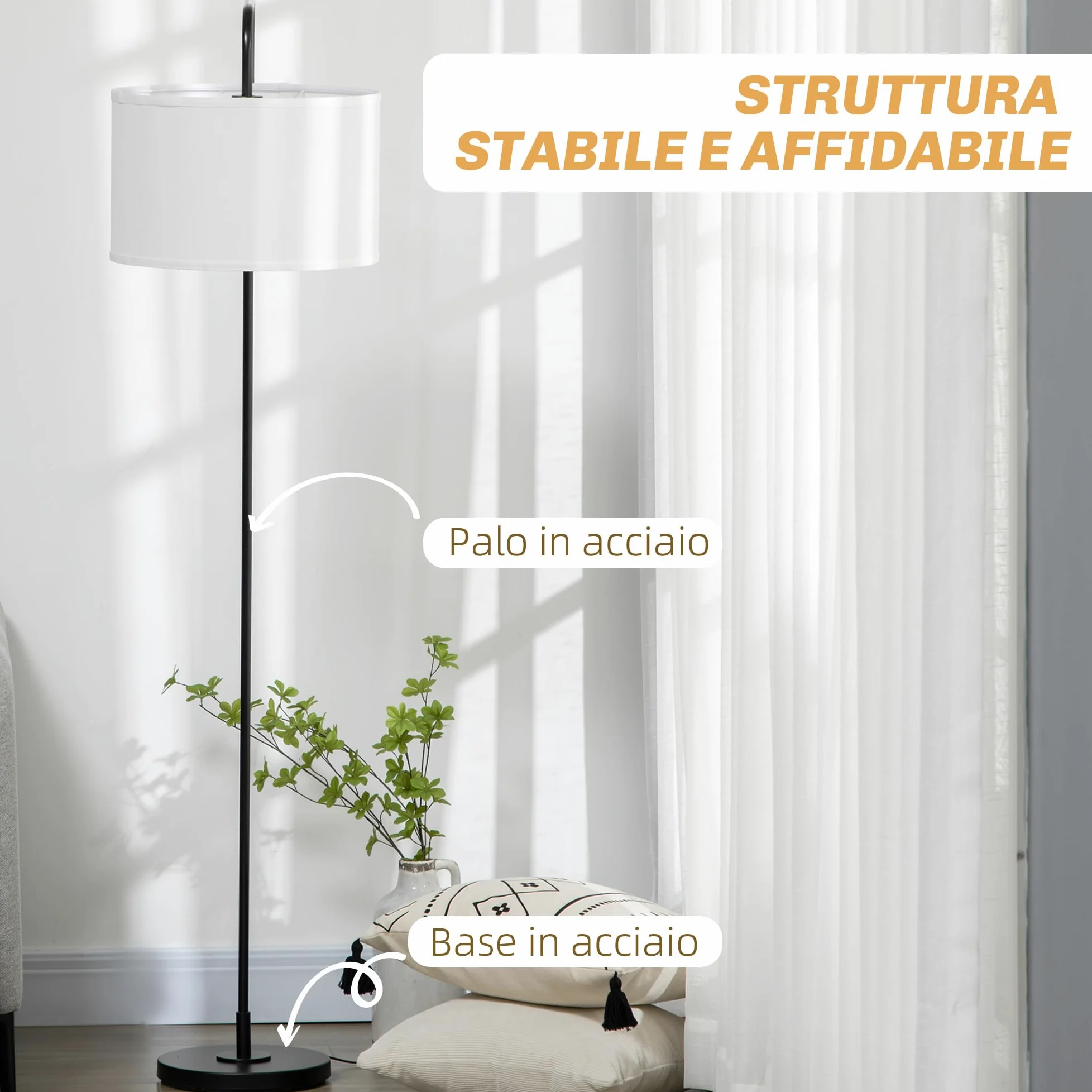 HOMCOM Lampada da Terra Arcuata con Interruttore a Pedale e Paralume in Tessuto Effetto Lino, Piantana Lampada da Terra in Acciaio, 64x38x163.5 cm, Bianca e Nera