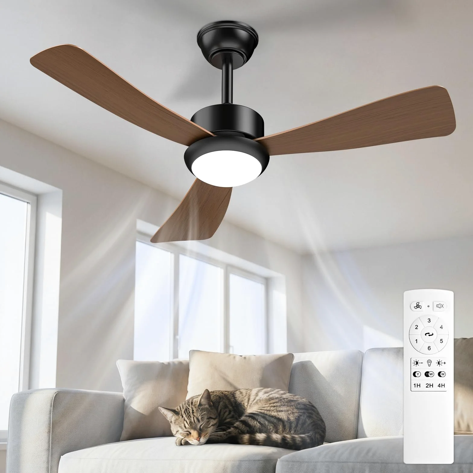 Airwit Ventilatore da Soffitto con Luce 106cm, Pale Effetto Legno, Ventilatore da Soffitto Silenzioso con Telecomando, LED Dimmerabile, Motore DC Reversibile, 6 Velocità per Camera Soggiorno