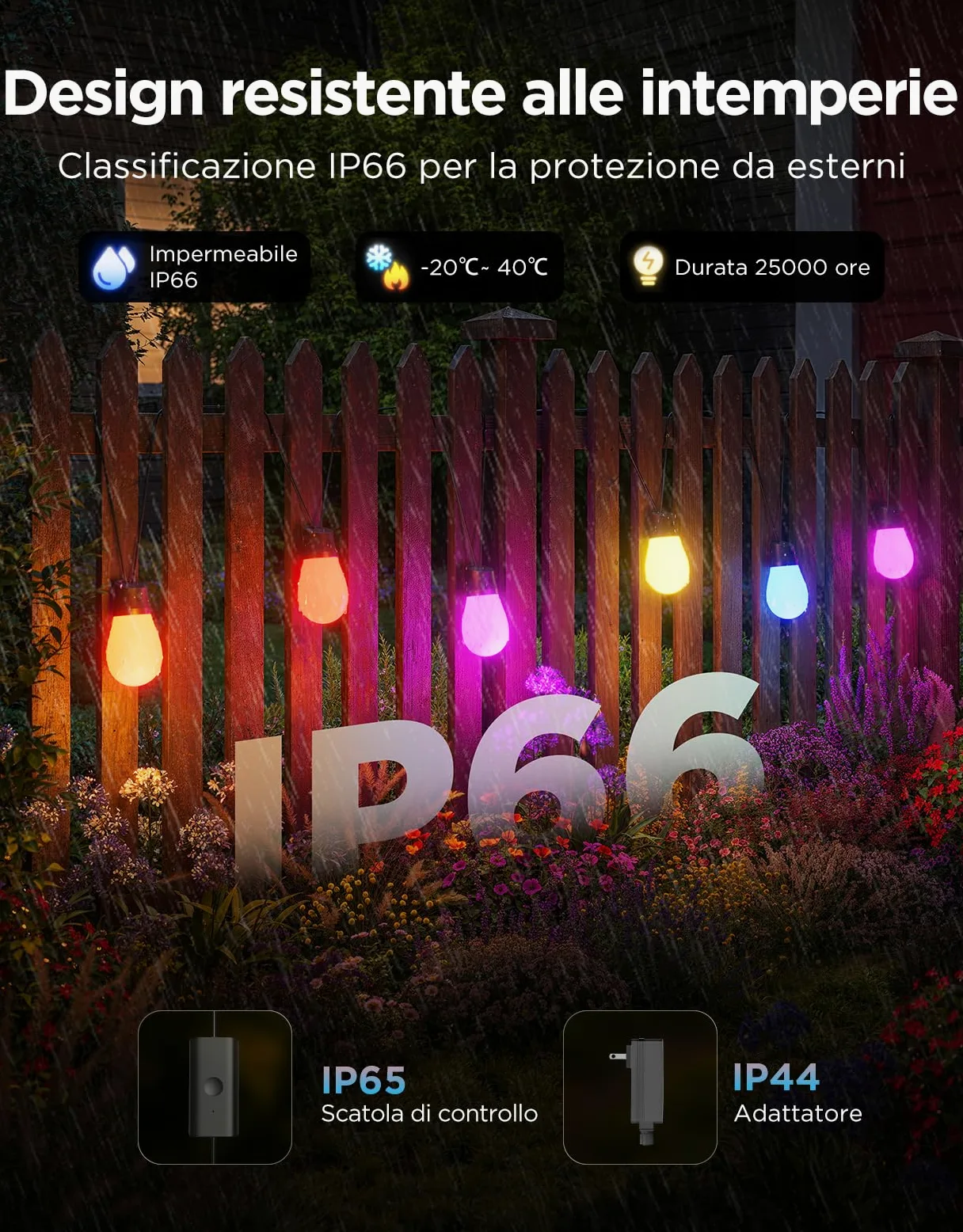 Govee Catena Luminosa Esterno, 15M Lampadine LED RGBIC Bianco Caldo, Controllo APP WiFi con Alexa Luci da Esterno, IP66 Impermeabile, 111 Modalità di Scena, Adatto per Giardino, Balcone, Gazebo