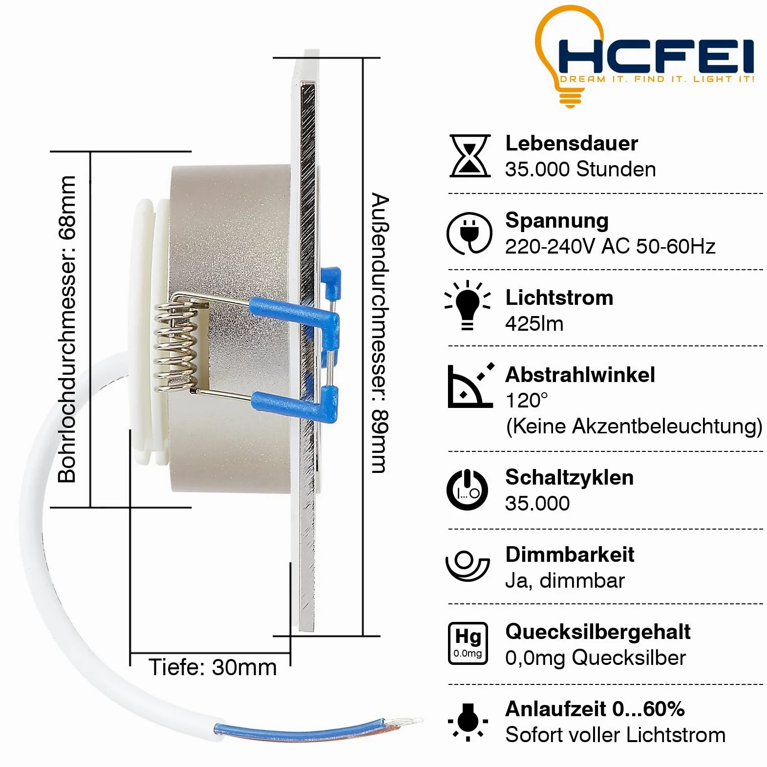 HCFEI | Faretto da incasso a LED 5W | 35mm di profondità d'incasso | Ø60mm di diametro del foro | Faretto regolabile per soggiorno, bagno | 230V | IP44 | Bianco caldo 3000K | SET 6