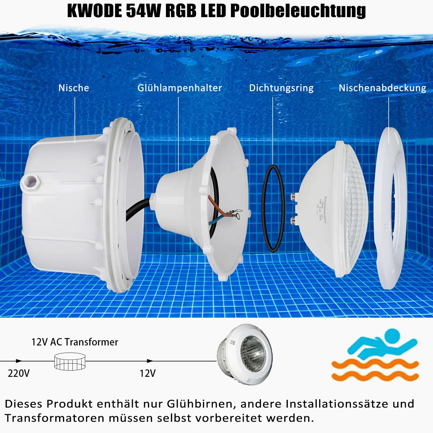 RGB Poolbeleuchtung, 54 W PAR56 Pooscheinwerfer Timing 2/4/6H con telecomando, lampada da piscina IP68 impermeabile, 12 V AC/DC