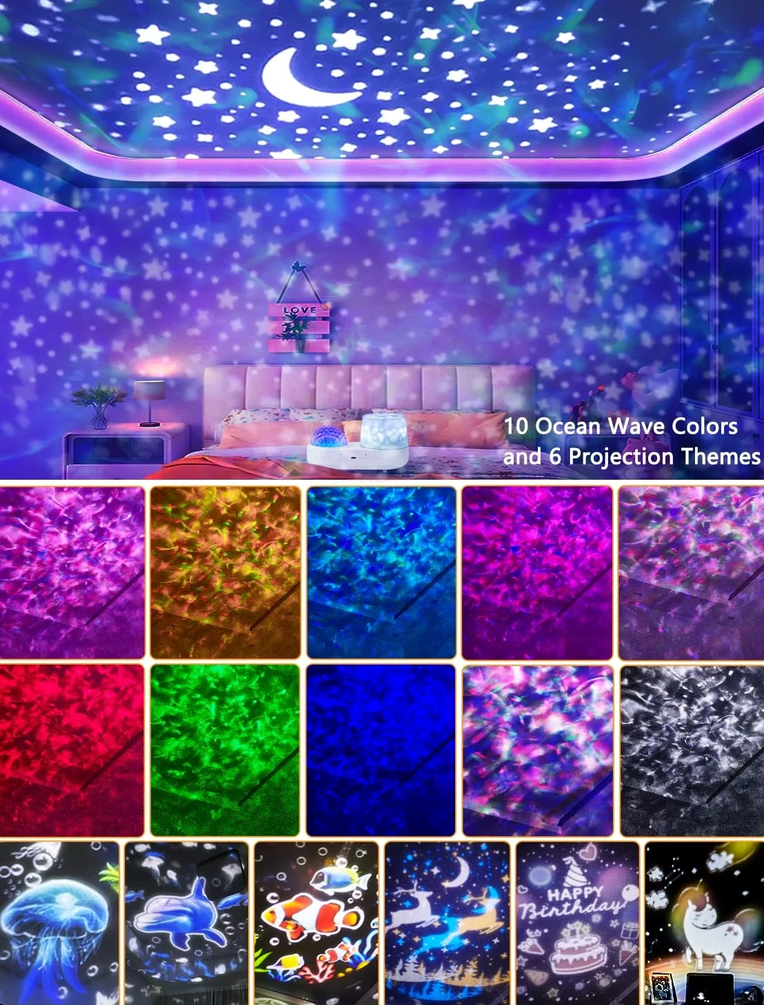 Proiettore di onde oceaniche luce notturna per camera da letto dei bambini - 10 colori con onde oceaniche + 6 film, timer di rotazione a 360 gradi, per bambini, bambine, compleanno, Natale, regali