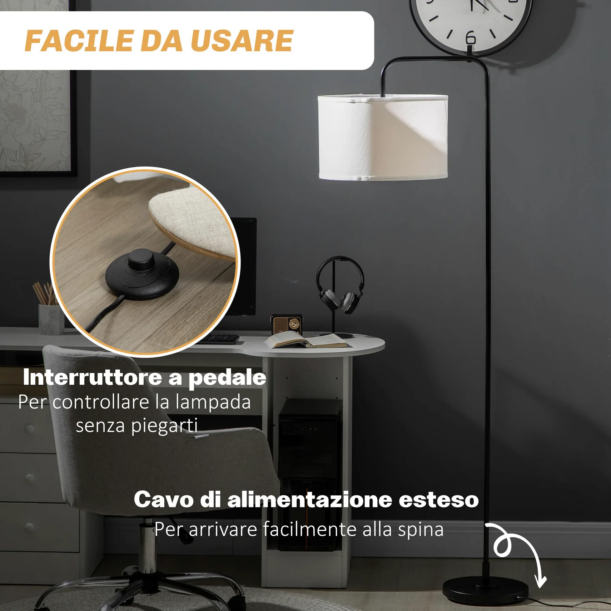 HOMCOM Lampada da Terra Arcuata con Interruttore a Pedale e Paralume in Tessuto Effetto Lino, Piantana Lampada da Terra in Acciaio, 64x38x163.5 cm, Bianca e Nera