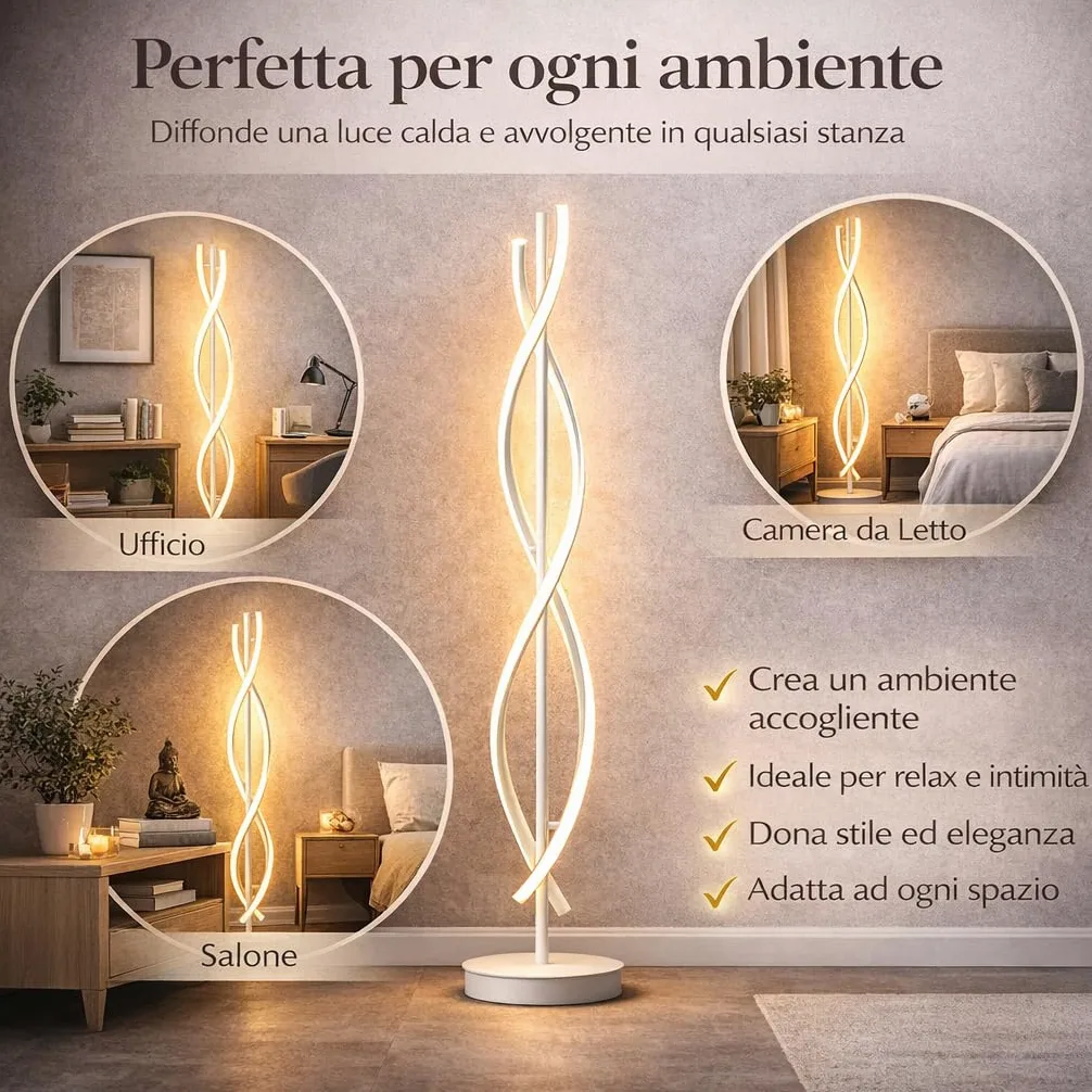 Arcadia Lampada da Terra LED Moderna Forma di Spirale | Piantana Design Contemporaneo | Luce Calda/Fredda | Lampada Salotto Camera da Letto Studio, Arredo Interni Elegante 150 cm (Bianco)