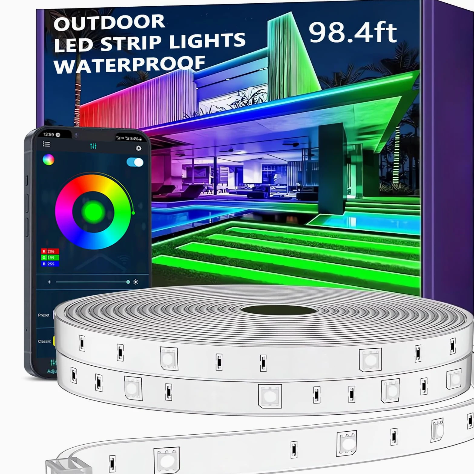 Outdoor LED Strip, Smart IP67, Music Sync, App Control, Wall Mount, RGB, Waterproof, for Balcony, Garden, Bedroom, Christmas, Halloween（30 meter）