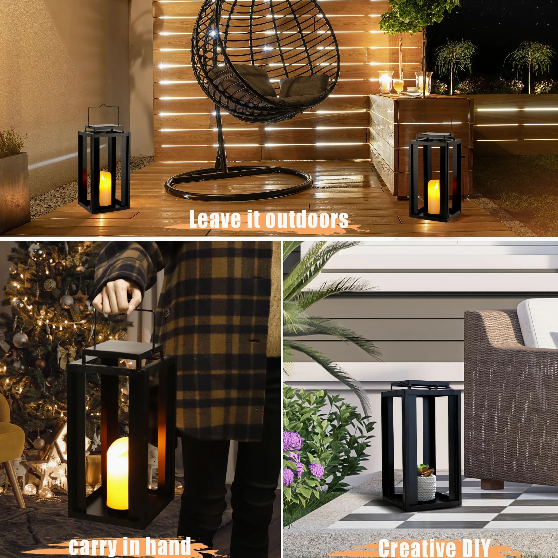 TRIROCKS Lanterna Metallica Grande per Esterno 43 cm Alta, Porta Candela Appeso Decorativa con Candela Timer Senza Fiamma a LED per Casa, Giardino, Patio (Senza Vetro)