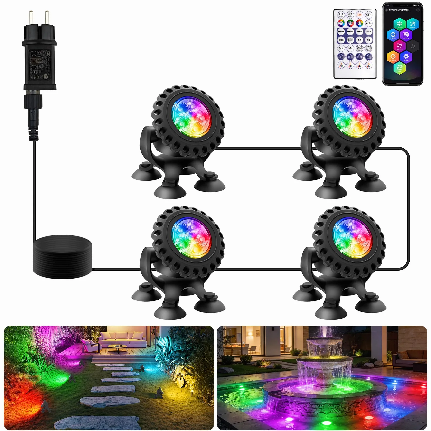 NATPOW Luci Sommergibile Piscina RGB, 16 Colore 4 Modalità Luci per Laghetto Bluetooth Telecomando Controllabile, 5V Impermeabile IP68 Luce Subacquea per Giardino, Acquari, Fontana, Laghetto, 4 in 1