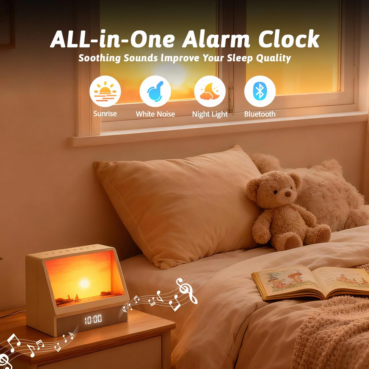 Gemmac Sveglia Simulazione D'alba con Luce suono naturale 12 Rumori Bianchi e Cassa Bluetooth Sveglia da Comodino Funzione Display l'alba per Camera da Letto, Risveglio Dolce e Luminoso per Adulti