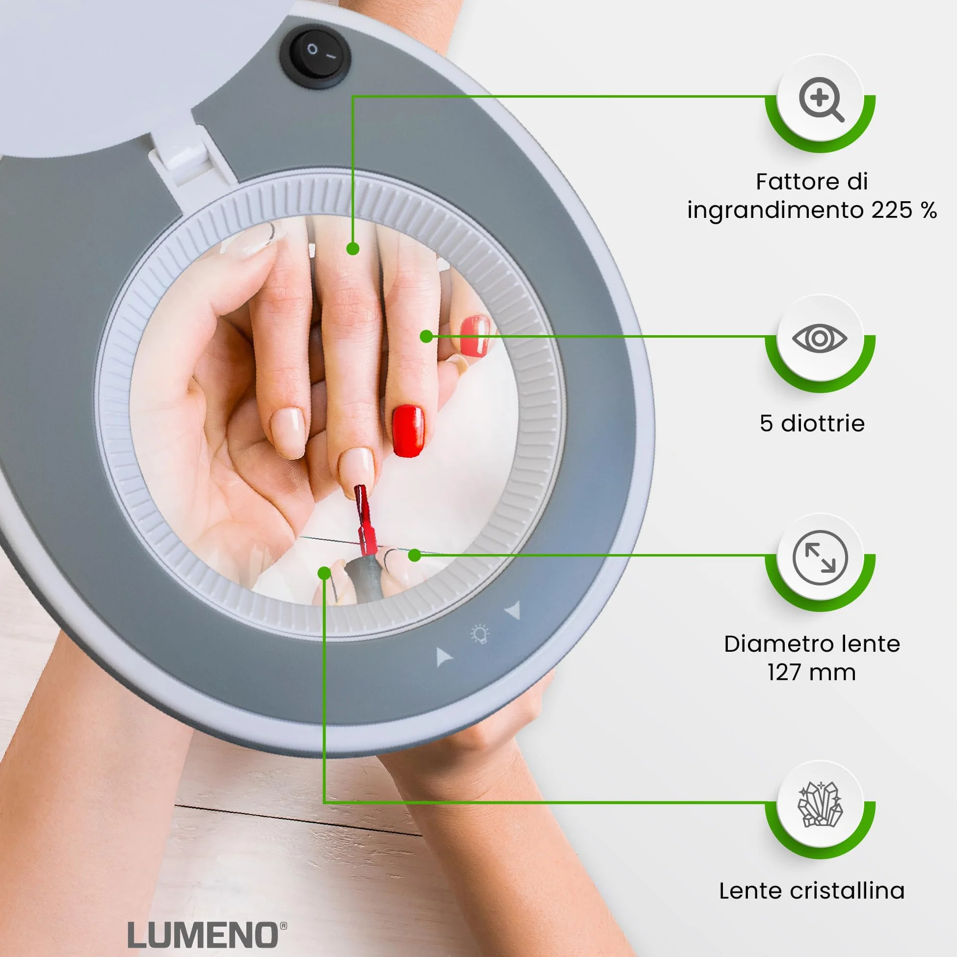 Lumeno 8215GR Lampada d'ingrandimento a LED Lampada da lavoro e estetista, livelli di luminosità regolabili, lente in vetro cristallino da 127 mm, ausilio alla lettura/ingranditore, 5 diottrie