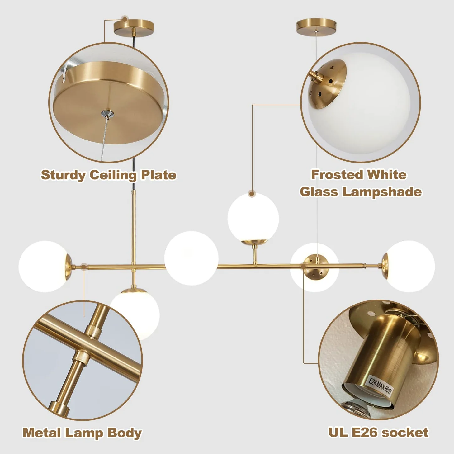 KCO Lighting Lampadario in vetro lattimo a 6 luci, lampadario lineare moderno a globo, lampada a sospensione bianca e oro Lampadario rettangolare di metà secolo per isola cucina