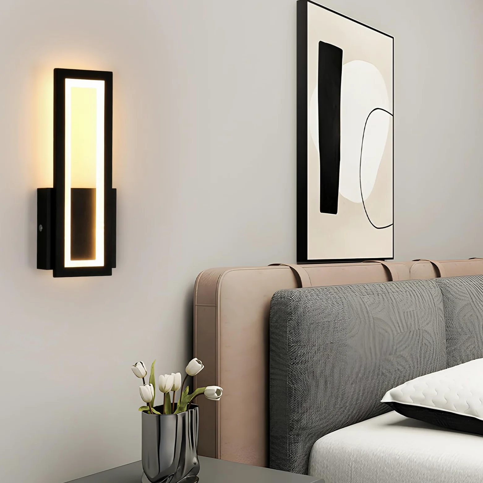 Osairous Applique LED da Parete Interno, 2 Pezzi 16W 1800LM Lampada da Parete Moderno in Acrilico, Lampada a Muro Nera Camera da Letto Luce Calda 3000K per Soggiorno Corridoio Studio Balcone, 32CM