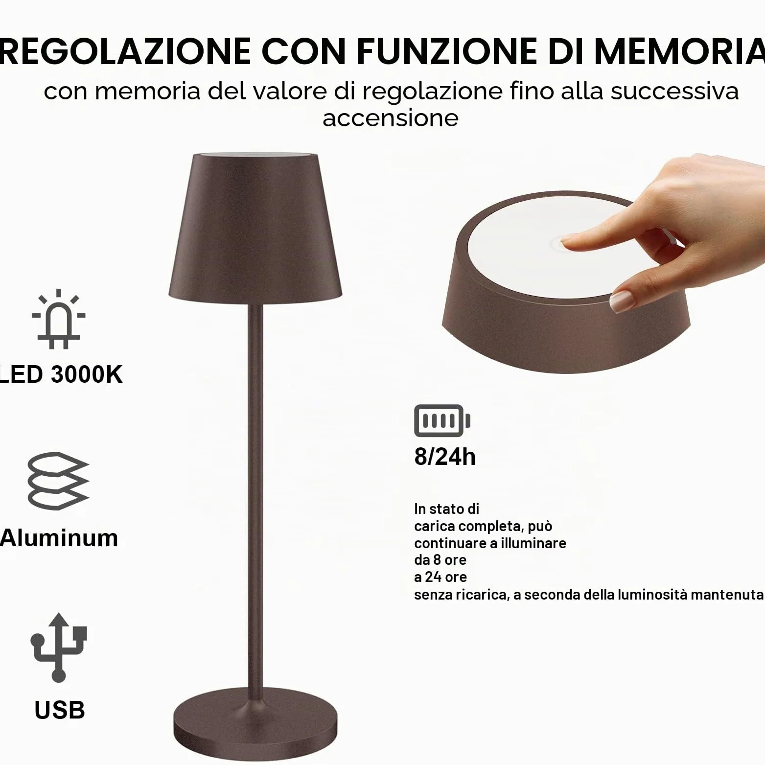 Klighten 2 Pezzi LED Lampada Dimmerabile da tavolo senza fil, Ricaricabile Lampada da Scrivania Interni/Esterni in Alluminio con Base di Ricarica Contatt, Colore Ruggine, Luce calda 3000K, IP54