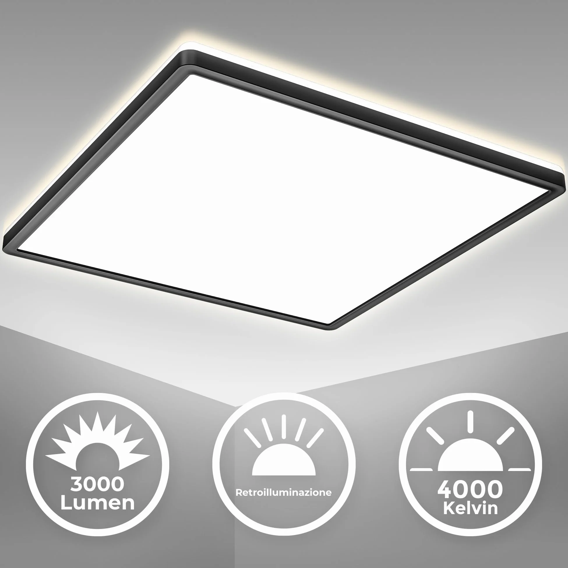 B.K.Licht - Pannello a luce indiretta, piatto, luce bianca neutra, pannello LED soffitto, pannelli led, pannelli led soffitto, 42x42x2,9 cm, nero