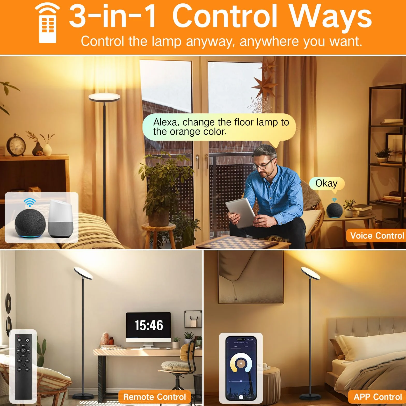 OUTON Smart LED Lampada da terra, 30W / 3000LM Lampada Luminosa Dimmerabile Compatibile con Alexa Google Home, WiFi Remote, Lampada da Terra Regolabile in Altezza per Soggiorno Camera da letto Ufficio