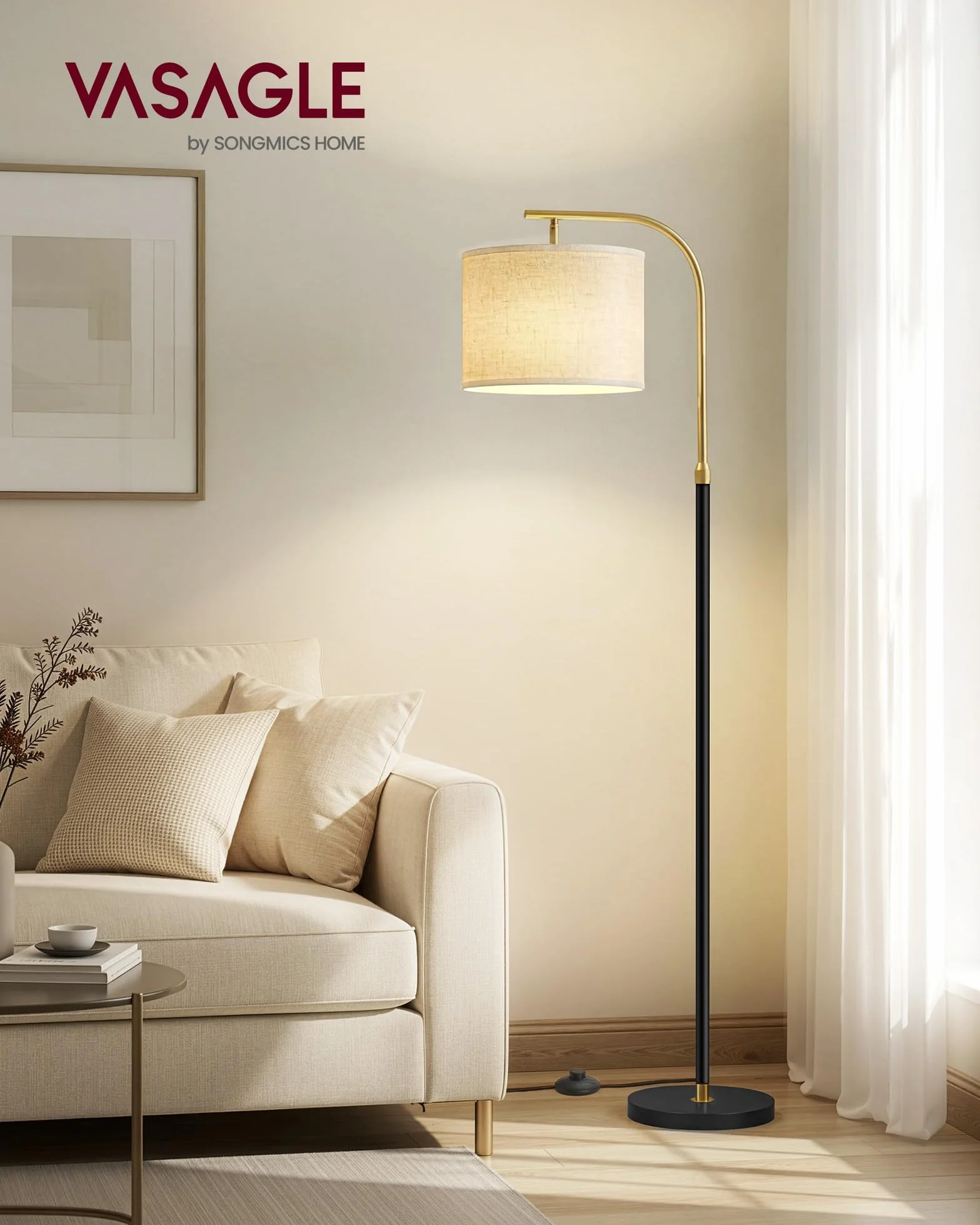 VASAGLE Lampada da Terra, Regolabile in Altezza 151-176 cm, Attacco E27 | Lampada da Lettura, Interruttore a Pedale, Paralume in Tessuto, Colore Nero Opaco, Collezione LUSIA LFL006BD02