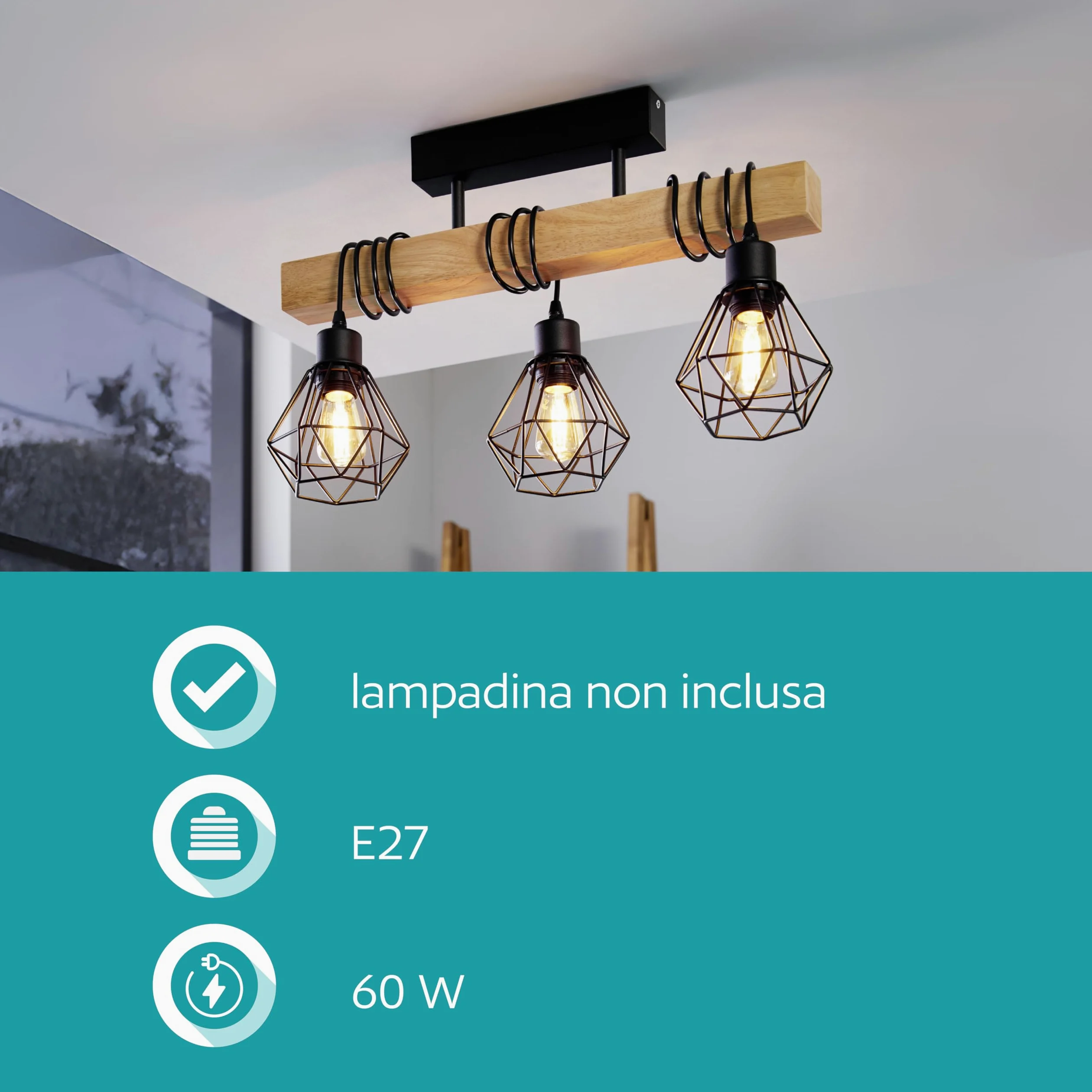 Eglo Lampada da soffitto Townshend 5, plafoniera vintage a tre punti luce, plafoniera dal design industriale, lampada a sospensione retrò in acciaio e legno, nero, marrone, E27