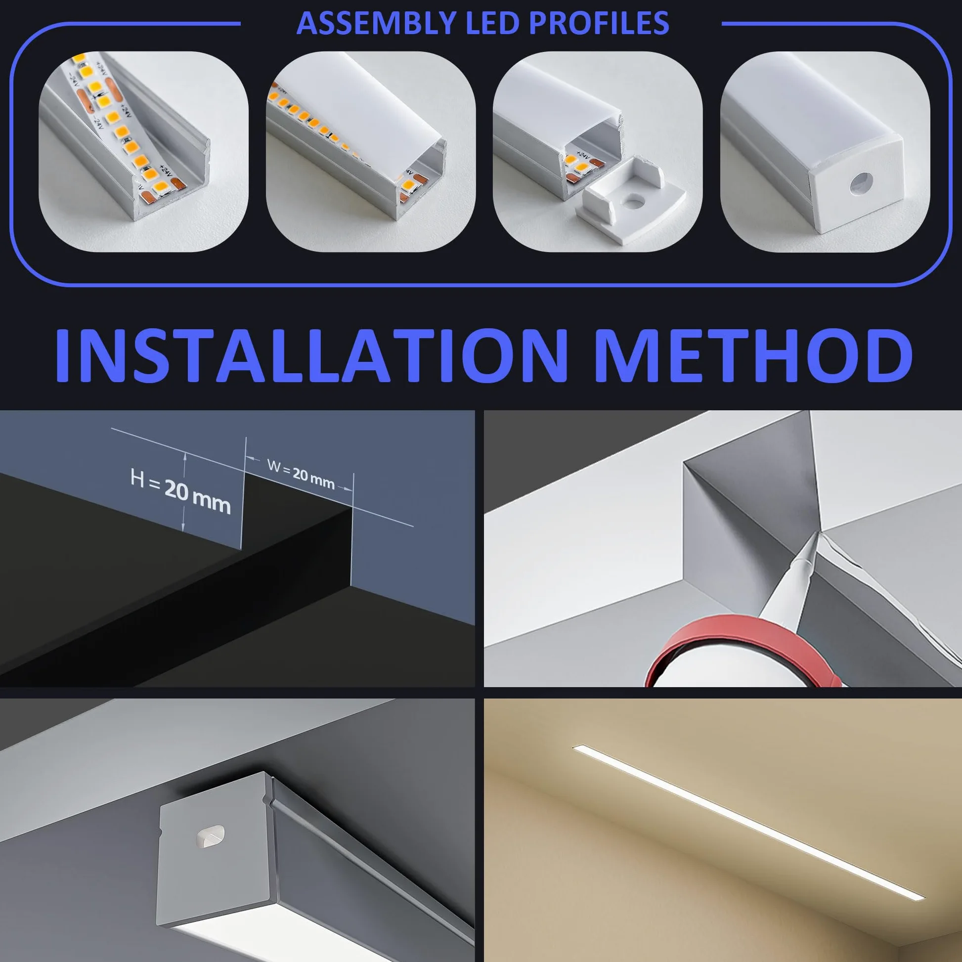 22 profili in alluminio per nastro LED 2 metri La guida del diffusore di luce, profilo LED incassato, dimensioni 20 x 20 mm, larghezza massima banda 15 mm, con coperchio in PC bianco