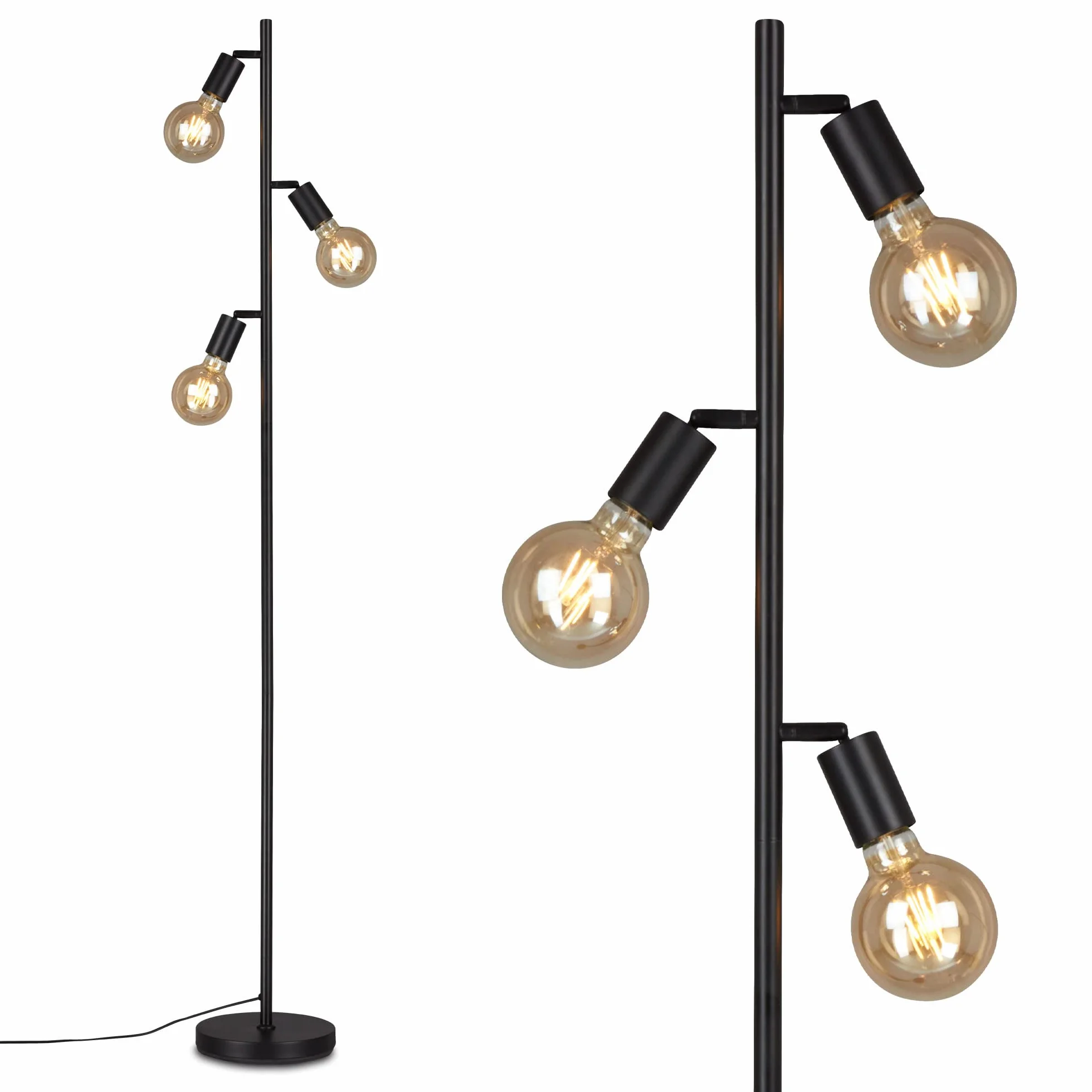 BRILONER - Lampada a stelo orientabile, piantana, lampada da terra, 3 x E27, con interruttore sul cavo, stile retrò, vintage, nero, 10W, 220 x 1600 mm (DxA)