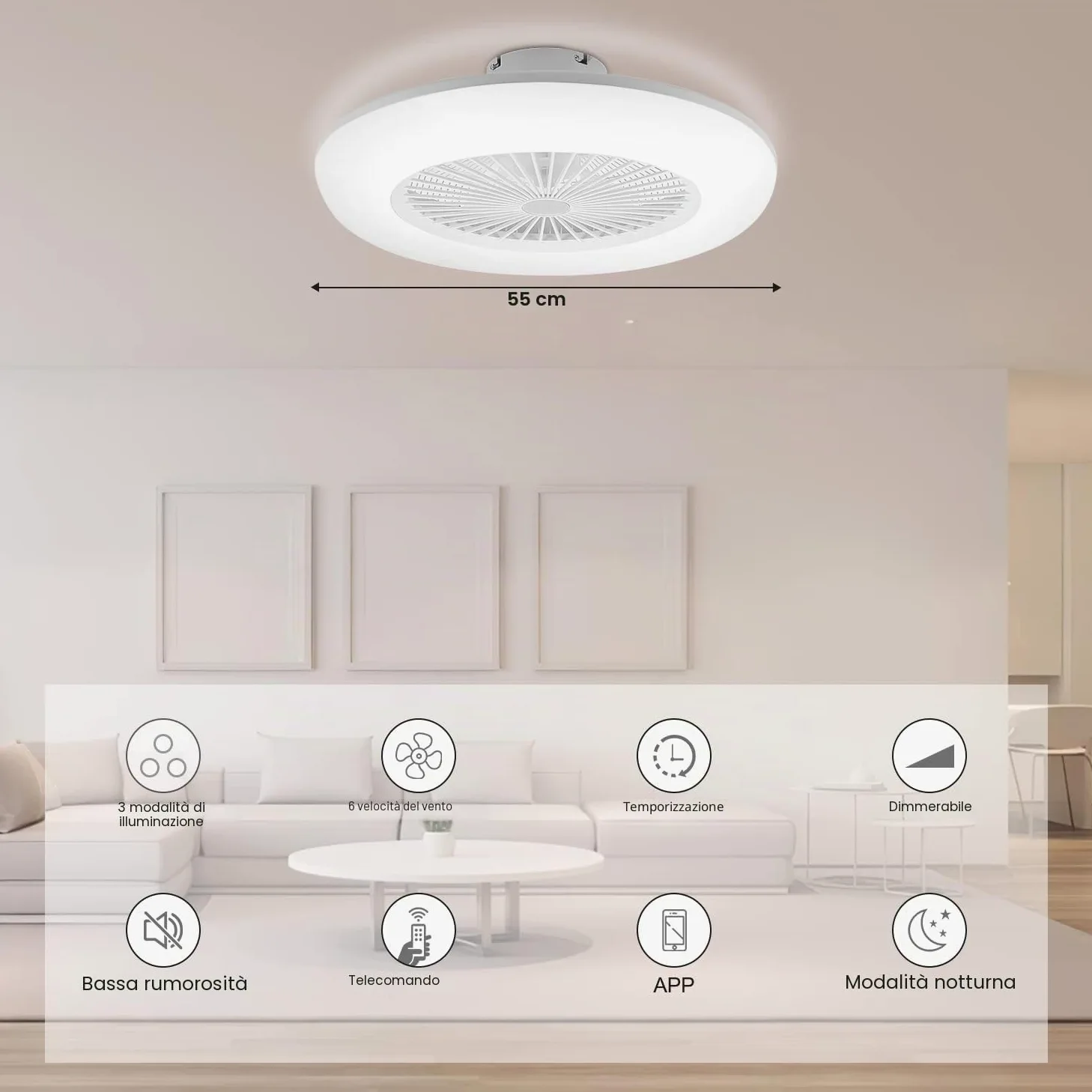 Fiqops Ventilatore da soffitto con illuminazione e telecomando 80 W, Wi-Fi Ø 55 cm, 6 velocità, dimmerabile, timer, funzionamento estivo invernale per camera da letto, soggiorno
