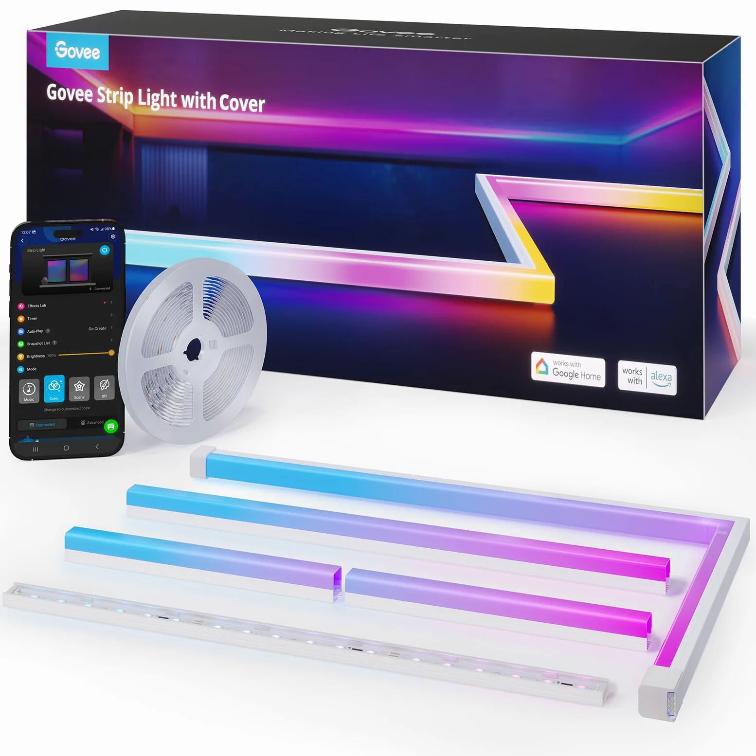 Govee RGBIC Striscia LED con Copertura, 5M LED Profilo con Luci Intelligenti Funzionano con Alexa e Google Assistant, Tagliabile e Collegabile, per Camera da Letto, Battiscopa, Studio, Mobiletto