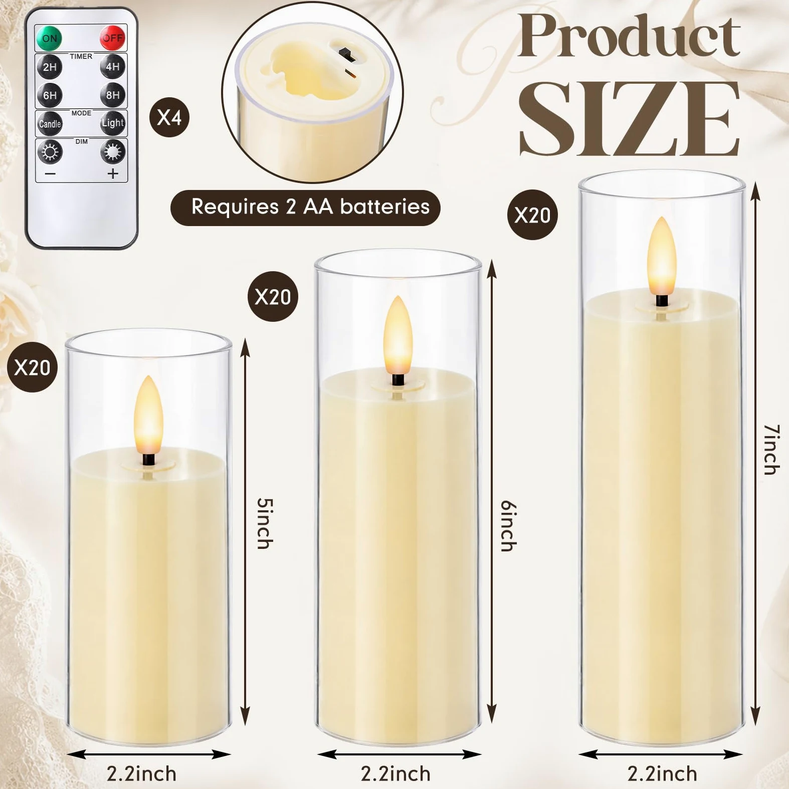 Retisee Confezione da 60 candele a LED in acrilico senza fiamma tremolanti con timer remoto (D 2,2 x H 12,7 cm, 15,2 cm, 17,8 cm), stoppino 3D in vera cera, funzionamento a batteria, per decorazione