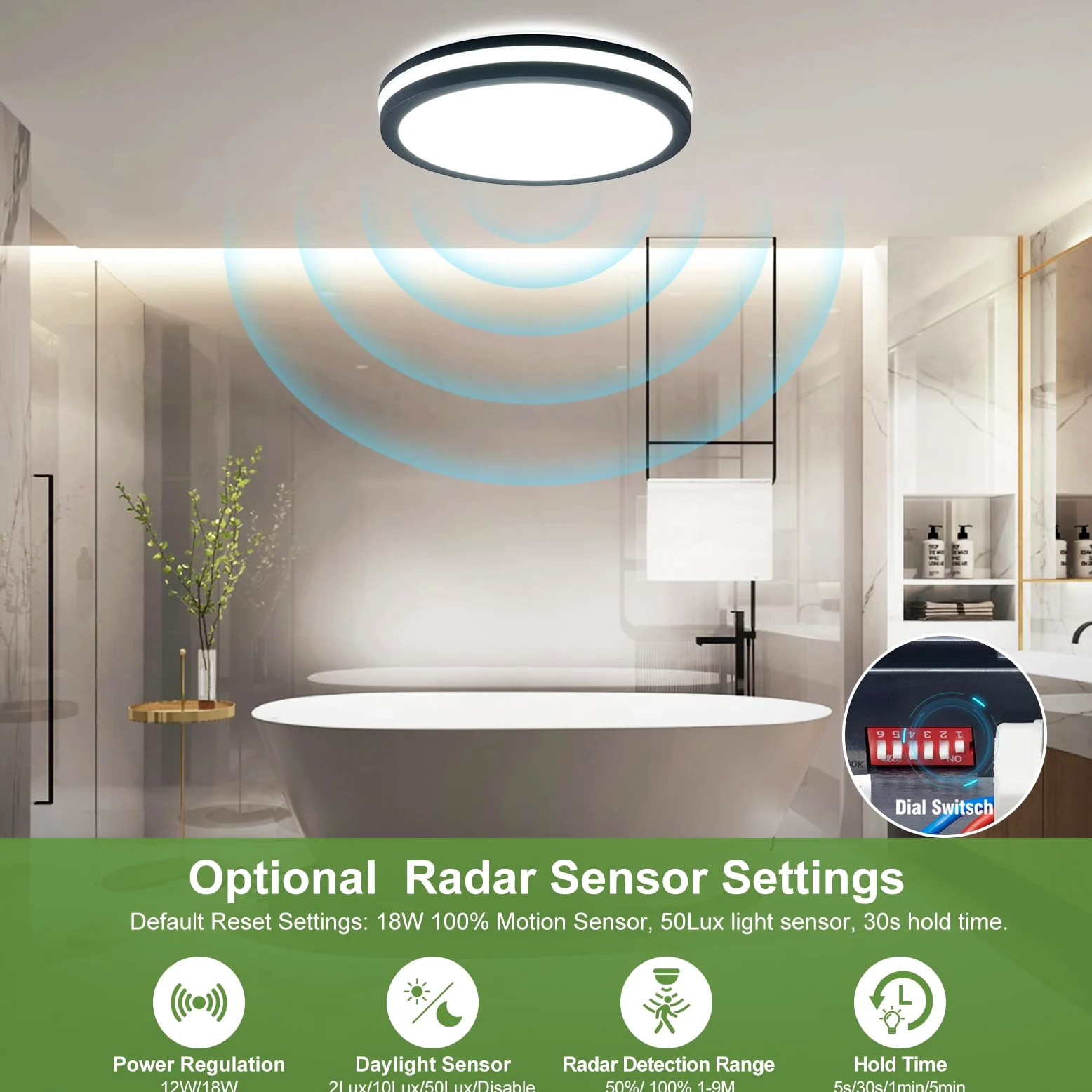 LEZOE 2er Plafoniera LED con sensore di movimento IP65 impermeabile, 18W 2700lm 150(Lm/W) lampada da soffitto con sensore 3000K/4000K/6500K Ideale per bagno, garage, corridoio, balcone Ø22cm Grigio