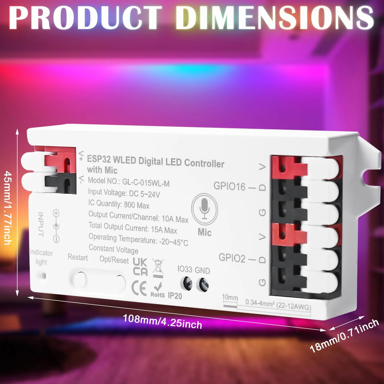 Confezione da 2 controller WLED con microfono: ESP32 DC 5V-24V Digital LED Strip Controller per striscia LED indirizzabile Digital RGB IC WS2811 WS2812B SK6812 WS2815 RGBW striscia LED indirizzabile