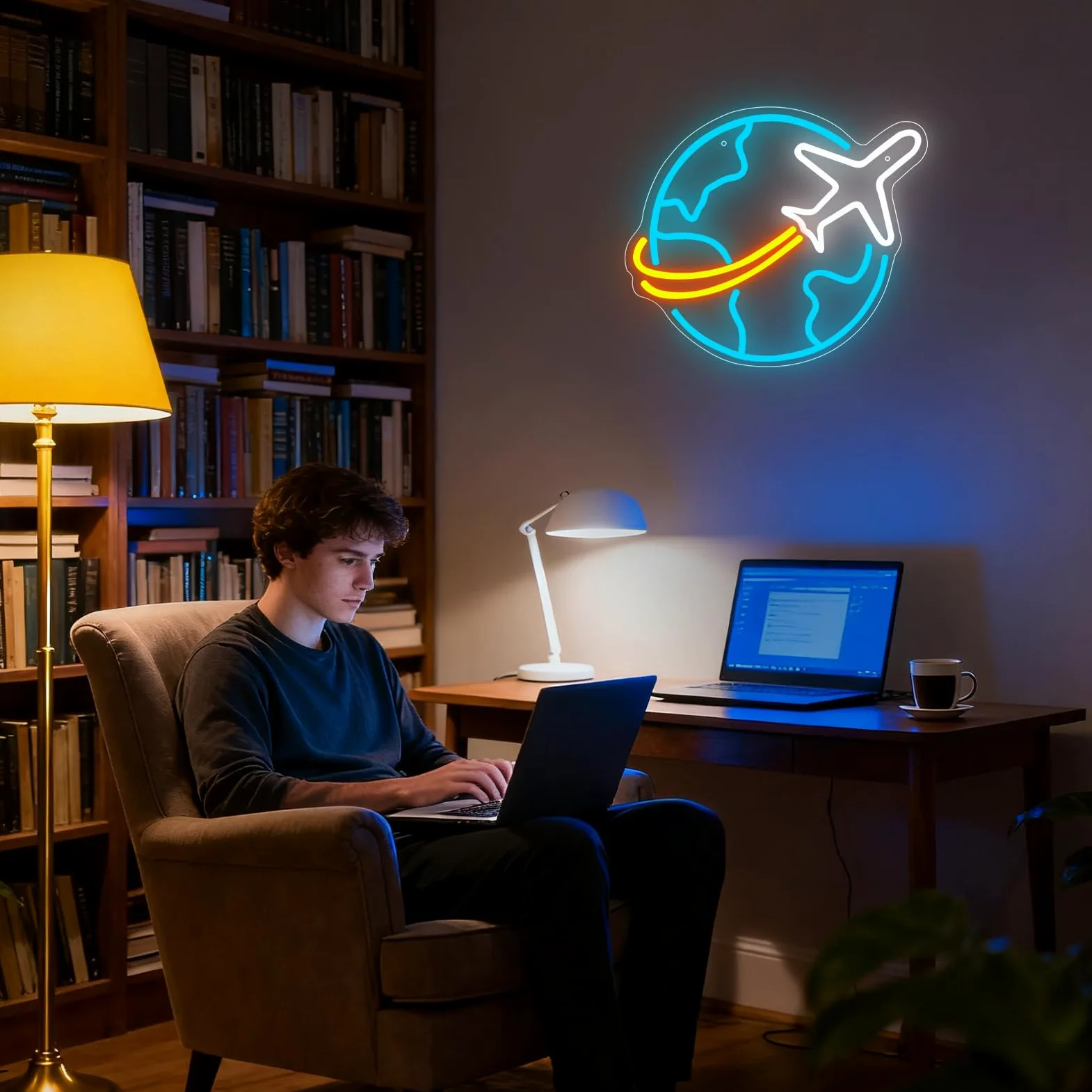 Segno al Neon Terra Aeroplano Mondo LED per Decorazione a Parete Luci al Neon Blu Ghiaccio USB Regolabili per Camera da Letto Camera Adolescente Uomo Grotta Chiesa Festa di Natale Decorazione Natale