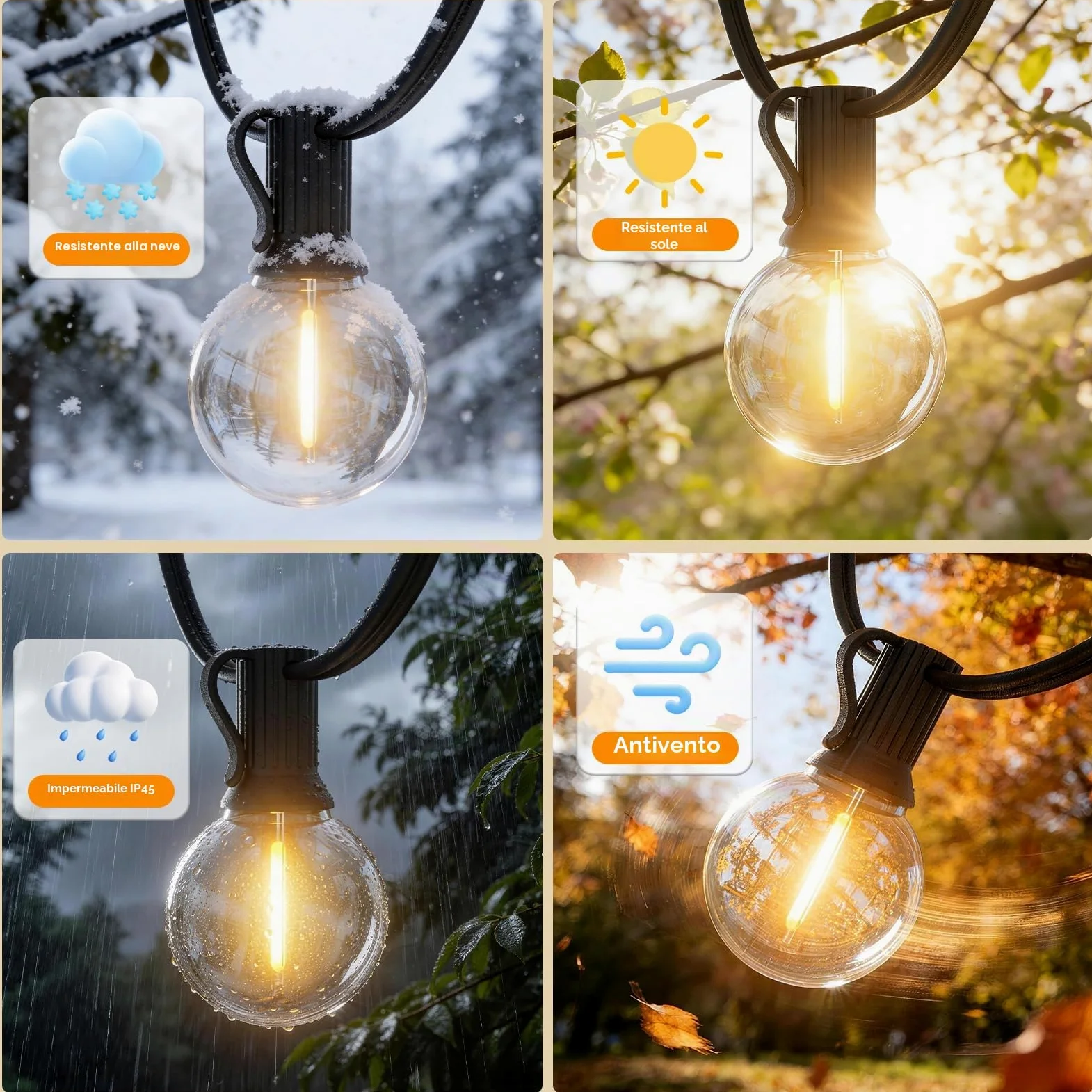 Catena Luminosa Esterno 45m Luci da Giardino con G40 1W LED E12, 2700K Bianco Caldo Lampadine Antishock IP45 Impermeabile Collegabile&Regolabile (Senza Dimmer) per Feste Matrimoni Terrazzo