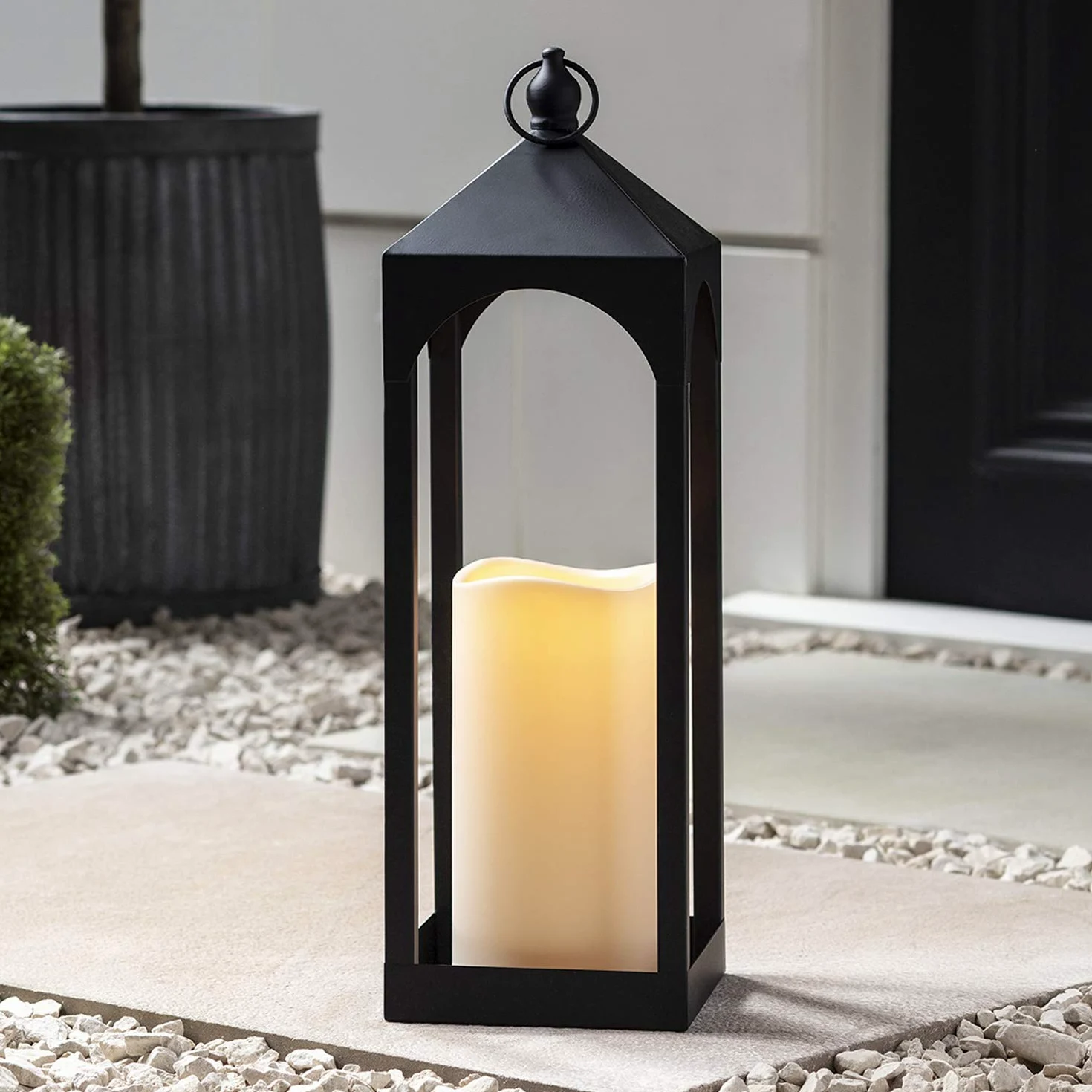 Lights4fun - Lanterna Senza Vetro in Metallo Nero con Candela LED a Pile per Interni ed Esterni