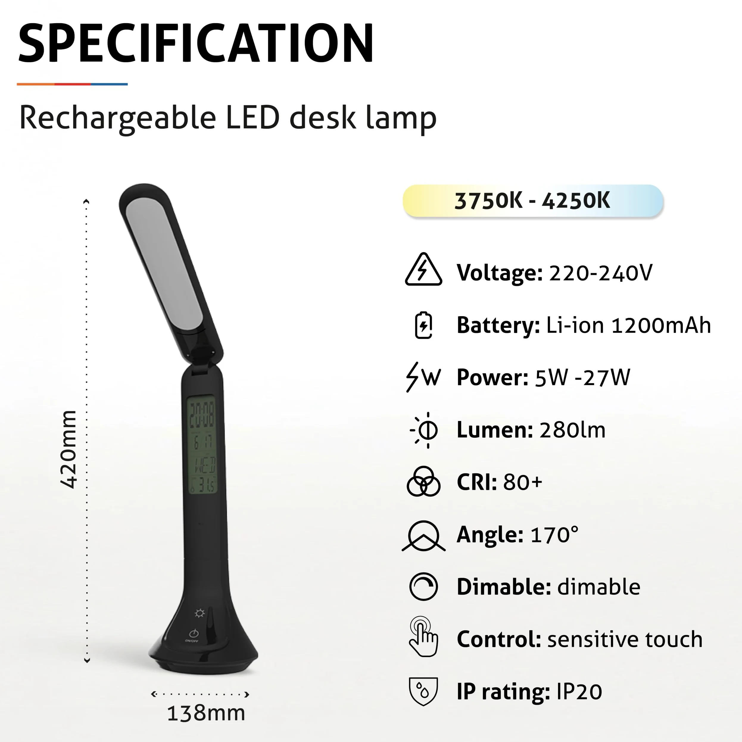 Calendar - Lampada da scrivania a LED, 5 W, classe di efficienza energetica A+ | Lampada da tavolo dimmerabile a 3 livelli con display LCD per ora, data e temperatura (nero)