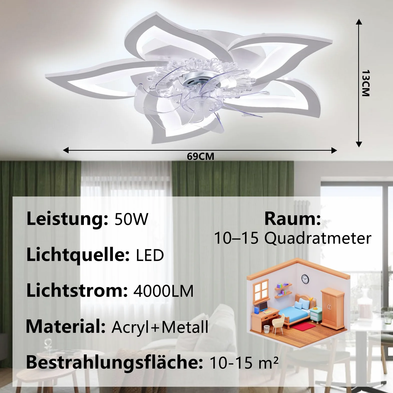 Ventilatore da soffitto silenzioso a LED con illuminazione,plafoniera da camera da letto 50W,con telecomando e lampada dimmerabile APP con ventilatore Paralume in acrilico a forma di fiore Lampade