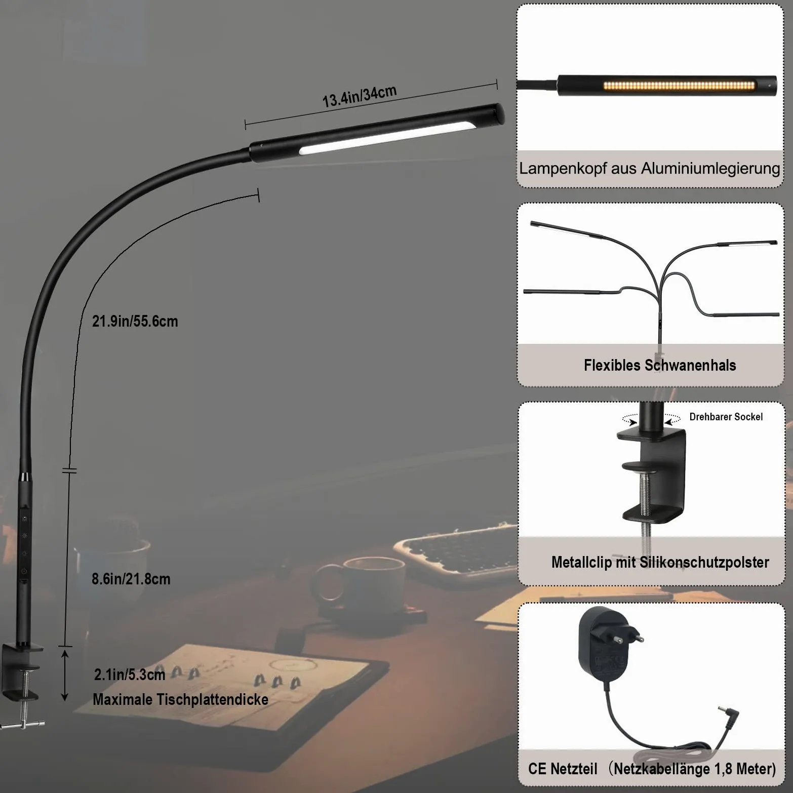 Lampada da Scrivania, LED Lampada da Scrivania 1000lm con Collo di Cigno Flessibile, Lampada a Braccio Oscillante da 12W Lampada con Morsetto per Luce da Scrivania Eye-Care per Ufficio