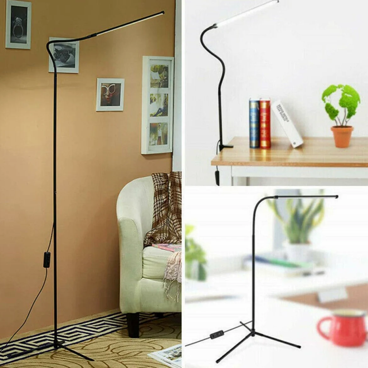 Luxshiny Lampada da Lettura LED da Terra Dimmerabile con Clip Nero | Braccio Flessibile a Collo D’oca, Alimentazione Usb, Luce Antiriflesso, Alluminio e Ferro