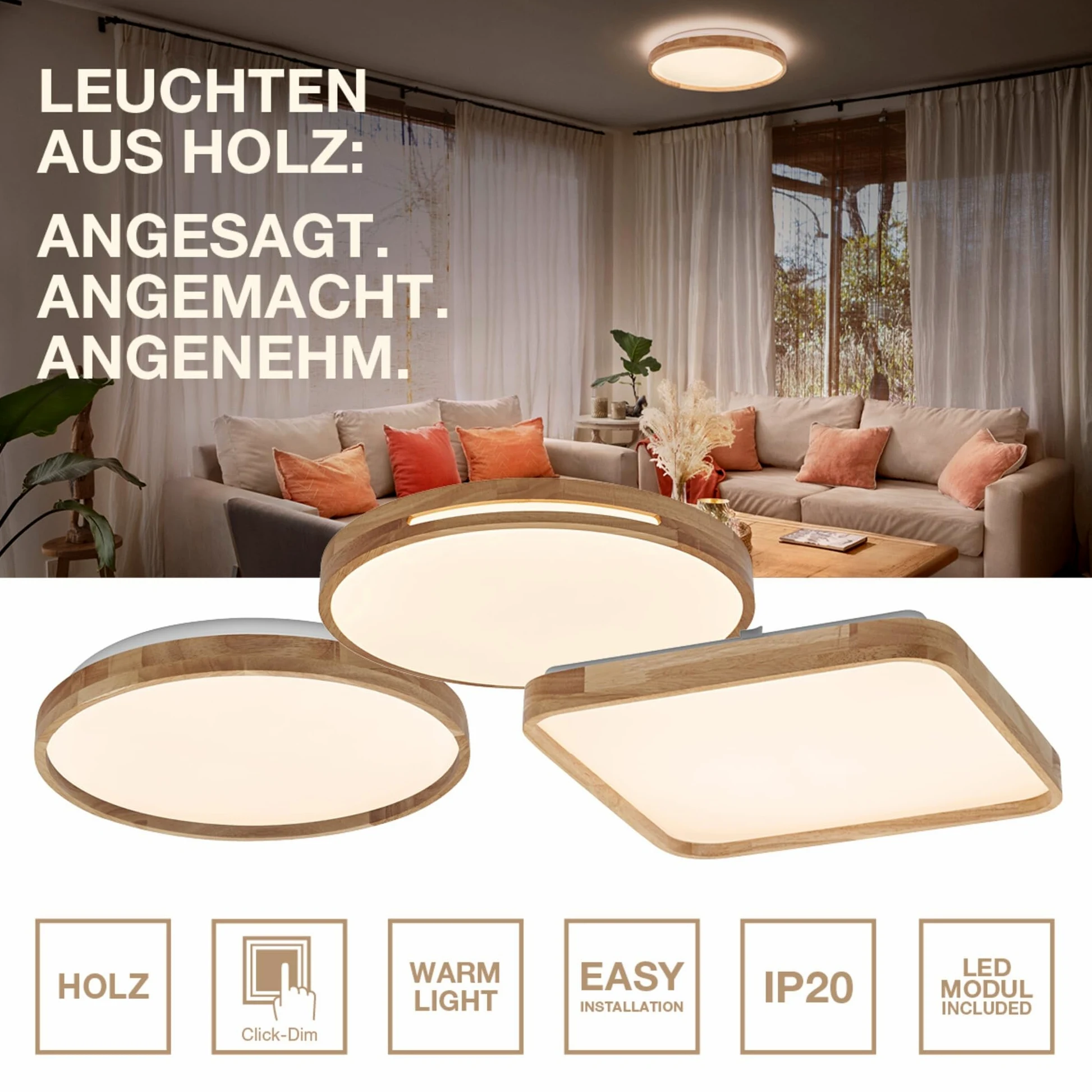 OSRAM ORBIS Woodburry LED wall/ceiling light with wood decor, 36 W, 1,500 lm, 3,000 K, 500-mm diameter, 830 friendly warm white, IP20 protection, mounting screws and dowels included