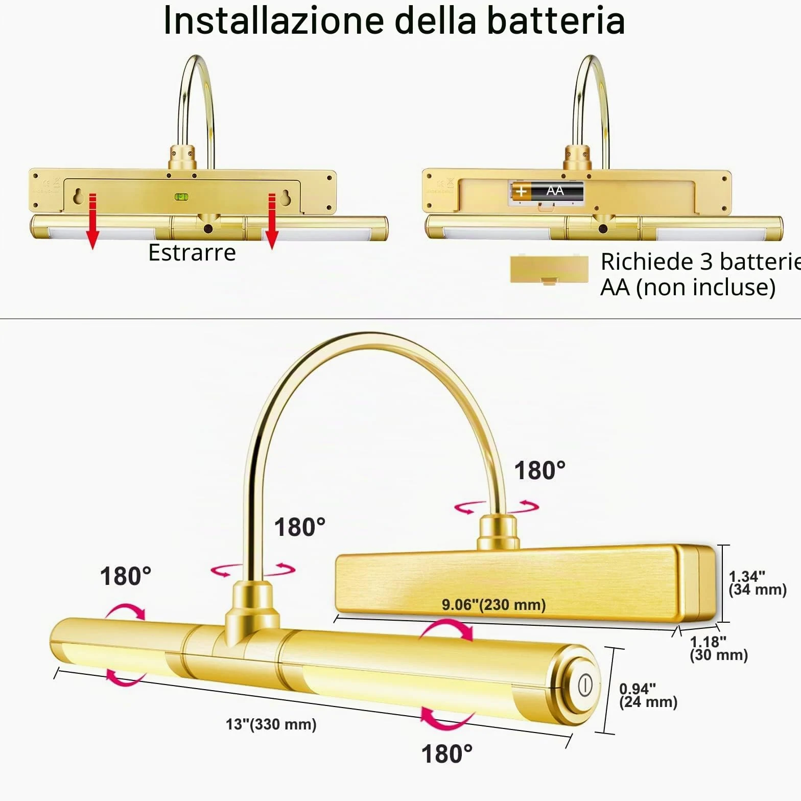 BIGLIGHT Lampada per Quadri,Luci Specchio con Telecomando,batteria Luci a Pittura Parete con 33 cm braccio oscillante a 180¡ã dimmer di luminosit¨¤ per Lampada da Specchio Bagno,oro