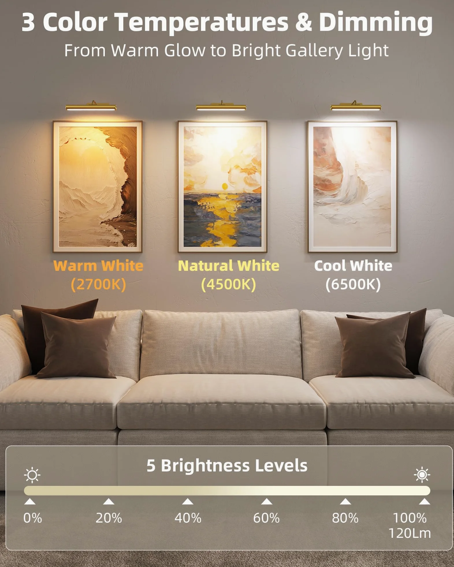 EZVALO Lampada da parete ricaricabile senza fili, 33 cm Illuminazione per Dipinti con Batteria Ricaricabile da 4000 mAh, Telecomando, Regolabile, applique a LED per Quadri e Dipinti - Oro | Lampada da parete da 33 cm con telecomando, dimmerabile e 3 tempe