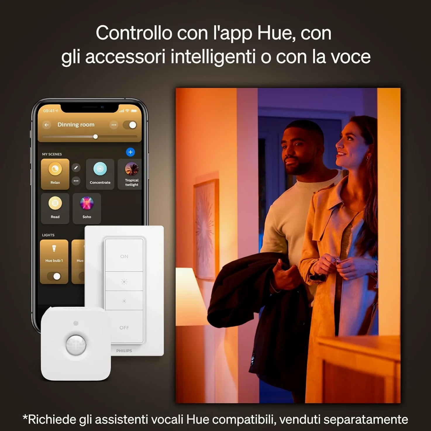 Philips Hue White Ambiance Adore, Faretto LED Smart da incasso, luce da bagno dimmerabile, Rotondo, Bianco, 3x4.2W, Telecomando Dimmer Switch incluso
