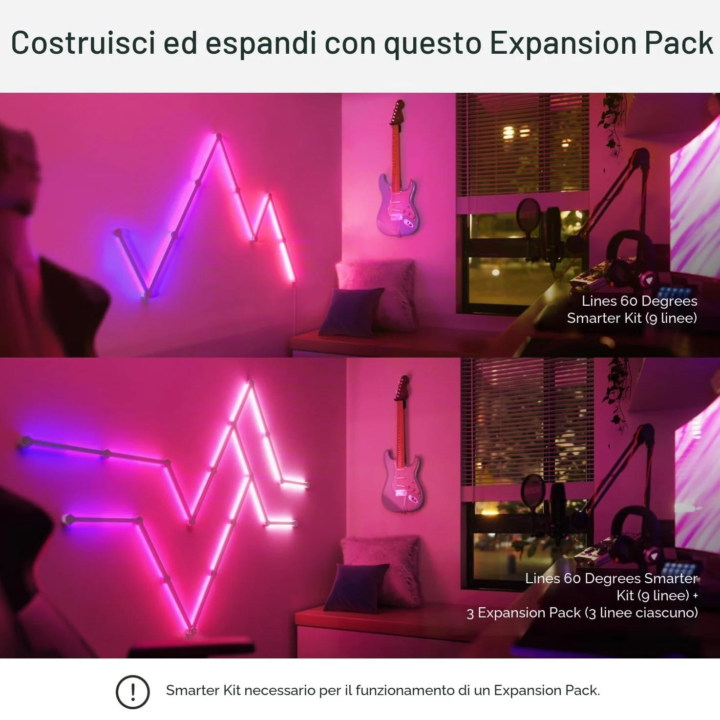 Nanoleaf Lines 60 Degrees Expansion Pack, 3 Barre LED Aggiuntivi RGBW Smart Modulari - Applique da Parete Interno Modulari, Luci Led 16M Colori WiFi, Funziona con Alexa, Sincronia Musica e Monitor