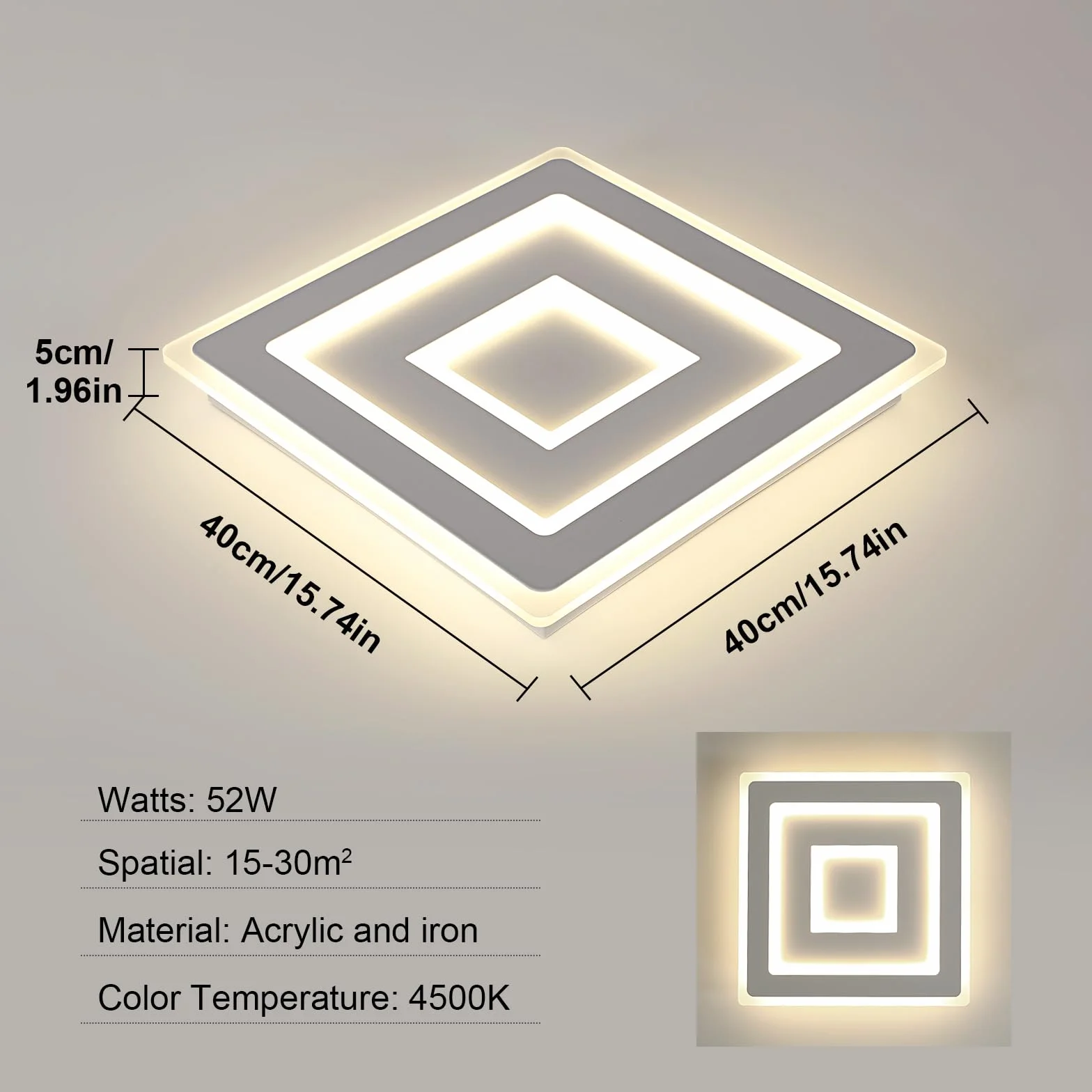 Comely – Plafoniera LED da soffitto quadrata moderna, 52W. Lampada LED bianca per diversi ambienti come camera da letto e soggiorno. Luce naturale 4500K. Lato: 40cm.